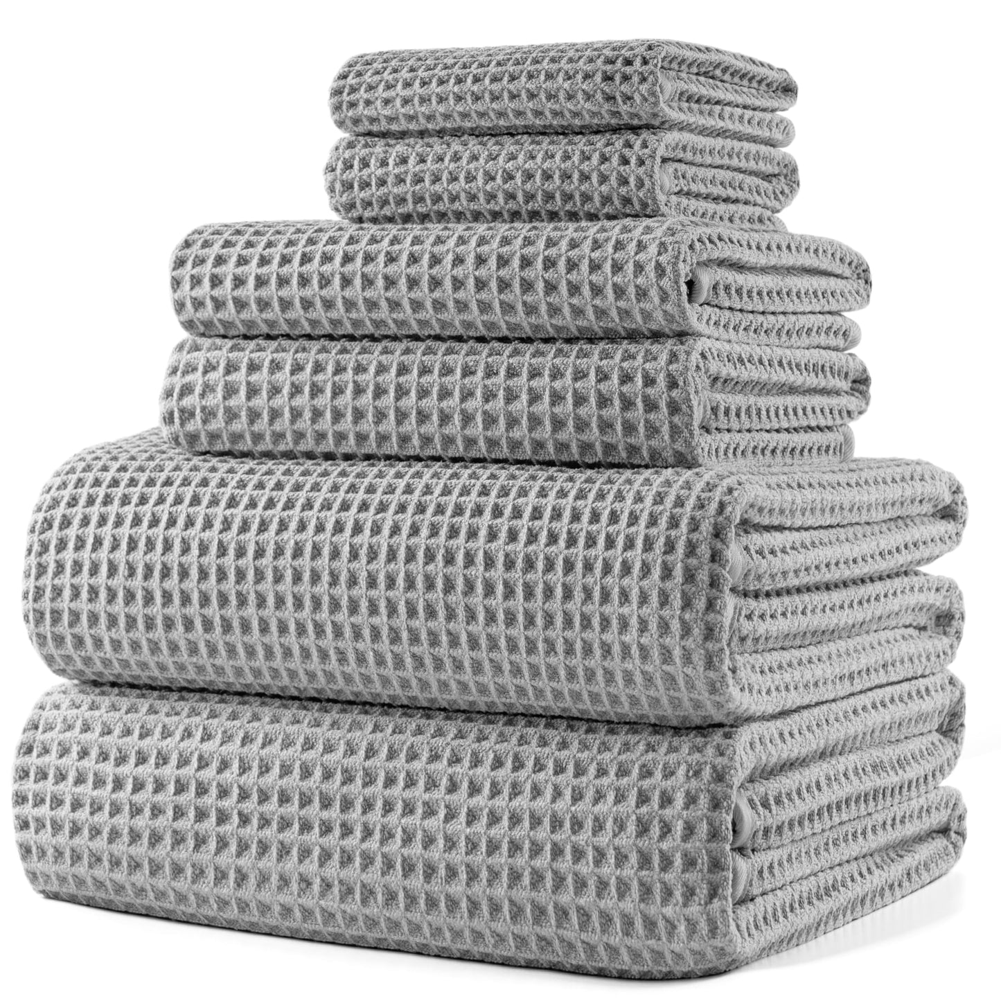 POLYTE Microfibre Oversize, 76 x 152 cm, Quick Dry Lint Free Bath Towel Set, 6 Piece (Light Grey, Waffle Weave)