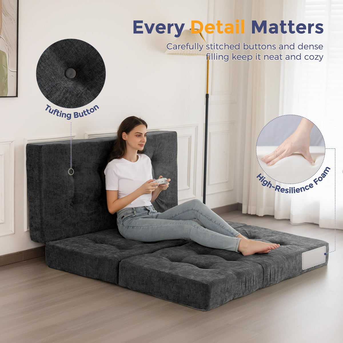 MAXYOYO Folding Mattress Chenille Fabric 15cm, Sofa Bed for Guest