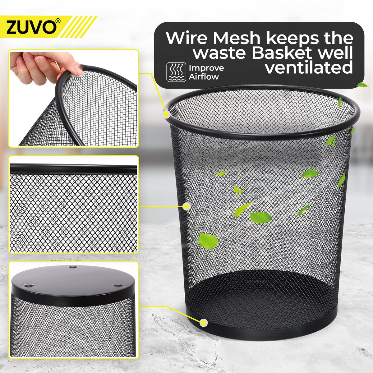 Zuvo Metal Mesh Waste Paper Bin, Small Bedroom & Office Bin, Black