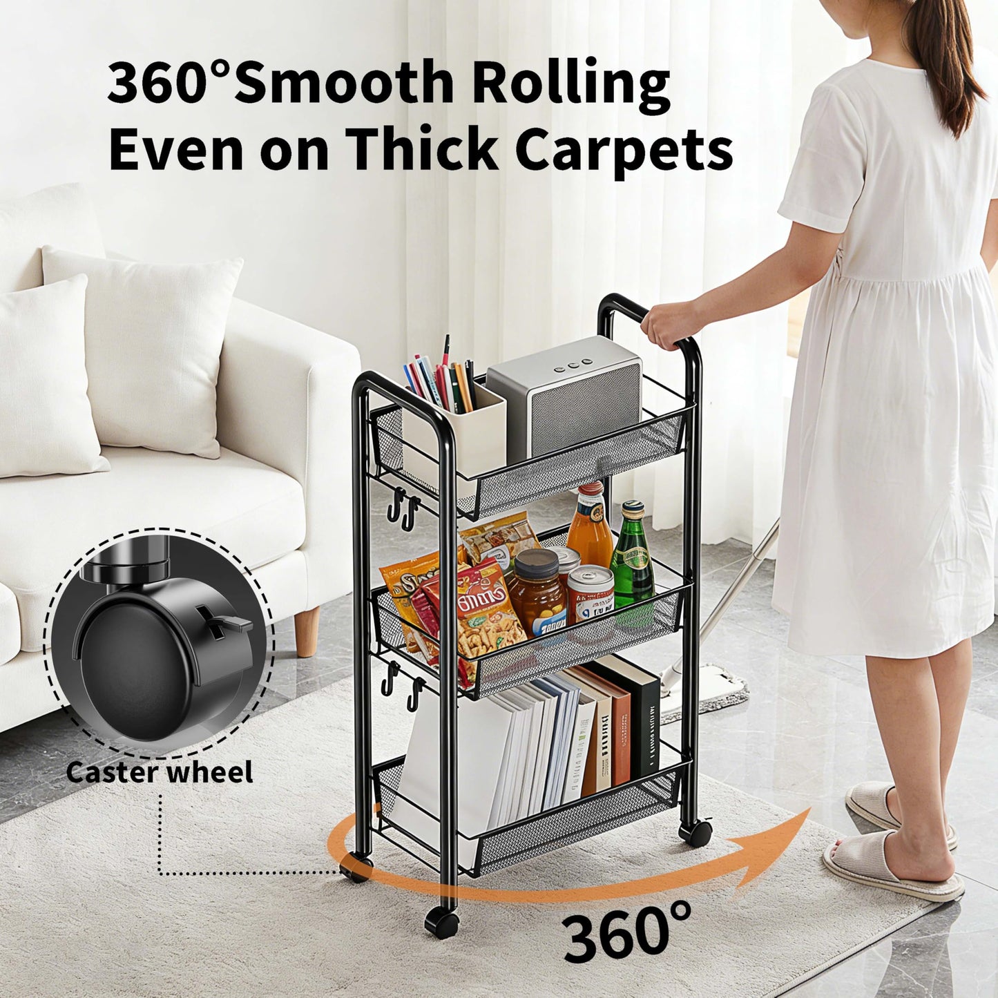 Goeasyoii 3/4/5 Tier Rolling Cart, Metal Storage Cart,Space-Saving Kitchen Cart with Castors,Shelving Organizer for Kitchen, Bathroom, Laundry Room