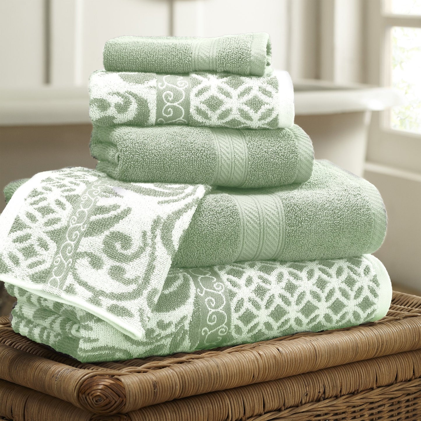 Modern Threads Amrapur Overseas Trefoil Filigree 6-Piece Reversible Yarn Dyed Jacquard Towel Set - Bath Towels, Hand Towels, & Washcloths - Super