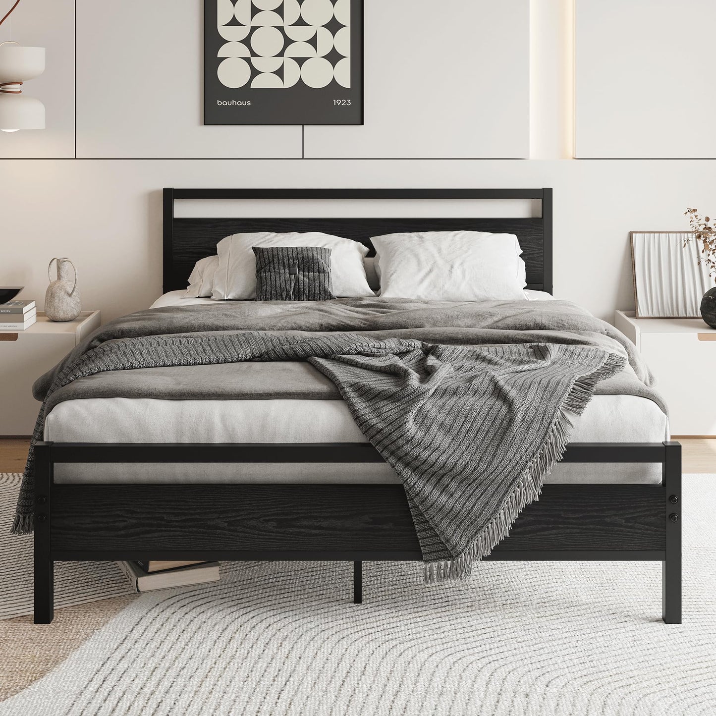 HOJINLINERO King Size Bed Frame with Wooden Headboard,Black Metal Bed Frame King Size Base,Solid Platform Metal Slat Support and Underbed Storage