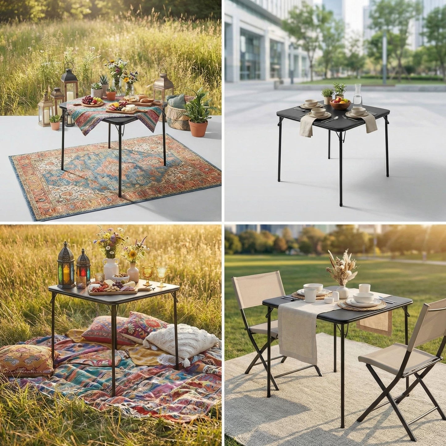 FurnitureR Folding Square Dining Table,Card Game Play Desk Portable for 4 People,Adults,Teens,Boys,Girls,Indoor,Outdoor,86x86x71cm,Black