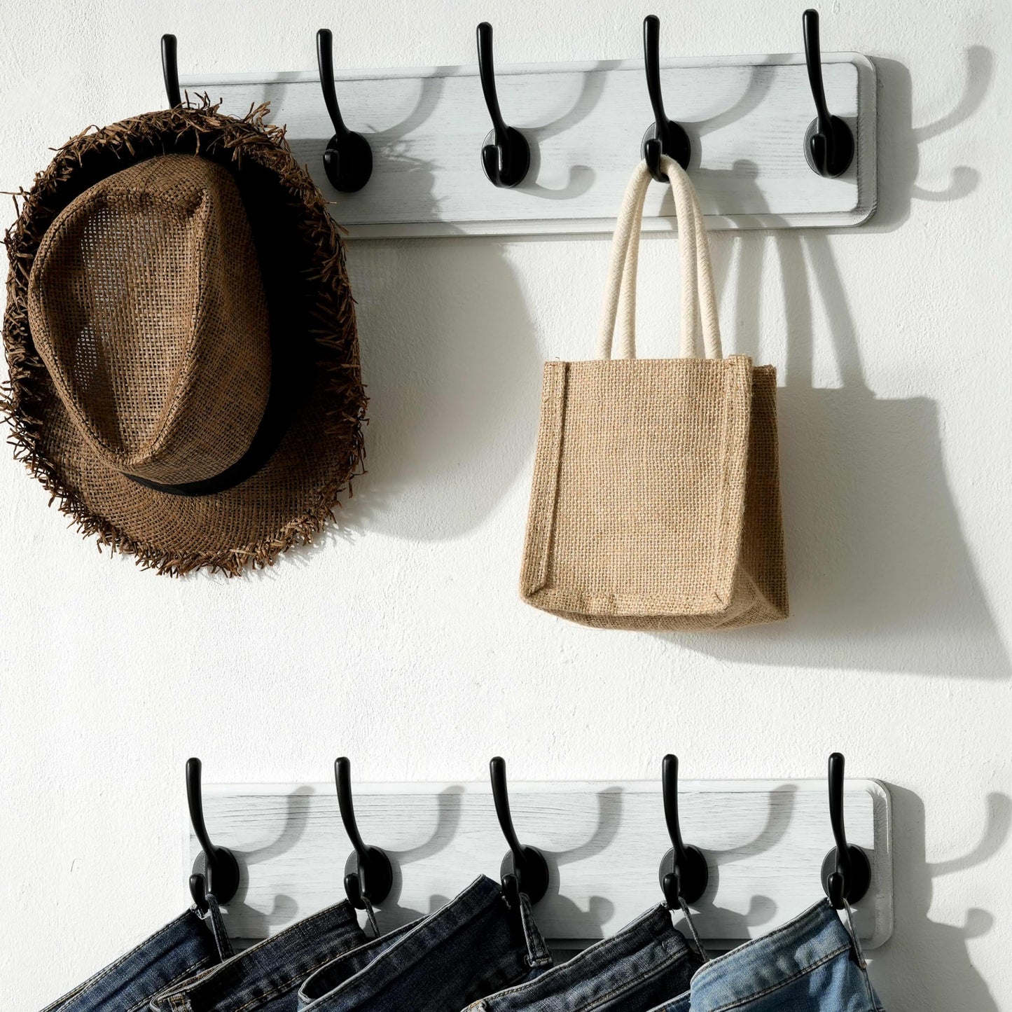 SKOLOO Farmhouse Style Wall Mounted Coat Rack, Pack of 2, Pine Solid Wood Coat Hook Hanger - 5 Hooks for Hanging Clothes Robes Towels Coats