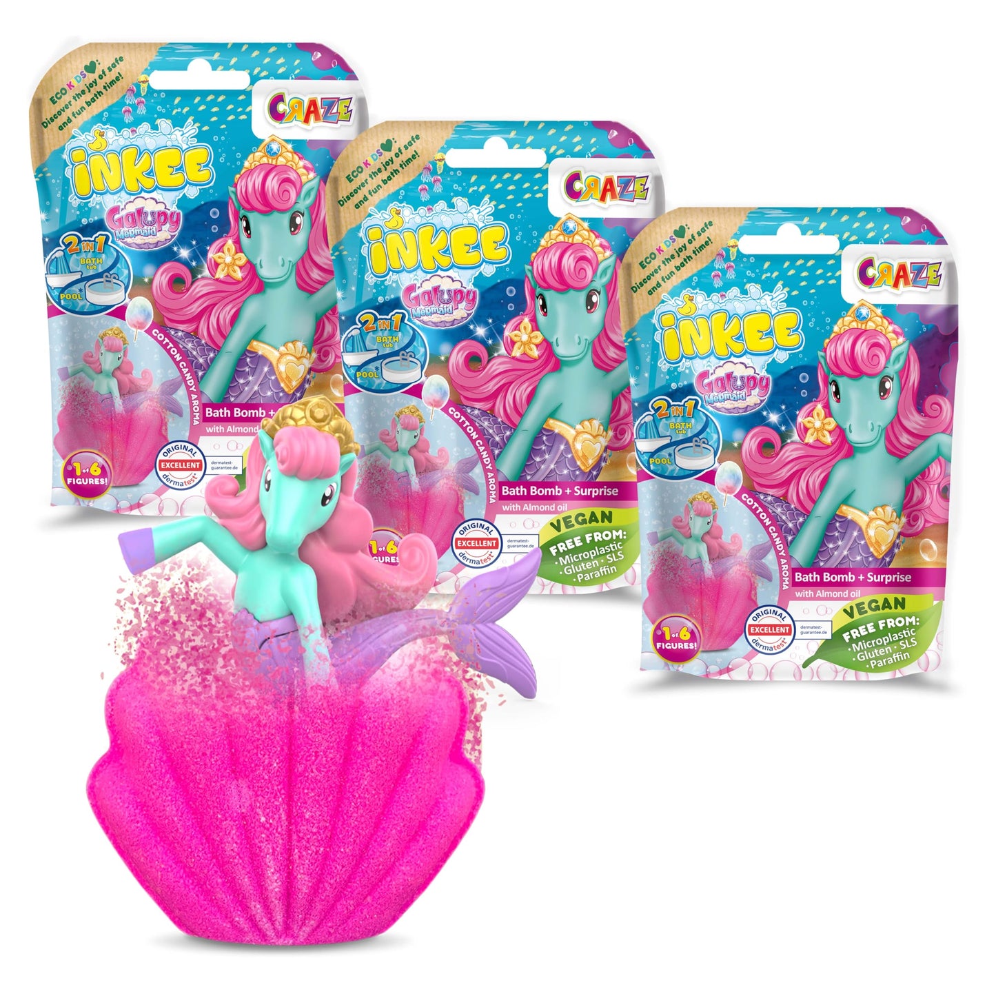 INKEE GALUPY Mermaid Bath Bombs ? 3 Pack Kids Bath Bombs with Unicorn Toy Surprise and Cotton Candy Scent ? Fun Bubble Bath Gift for Children Age 3