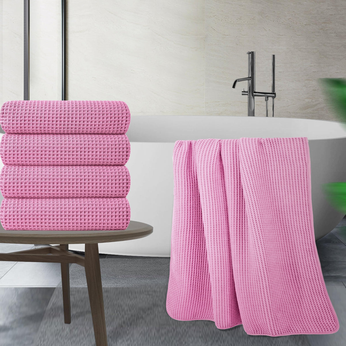 POLYTE Microfibre Oversize Quick Dry Lint Free Bath Towel, 152 x 76 cm, 4 Pack (Pink, Waffle Weave)