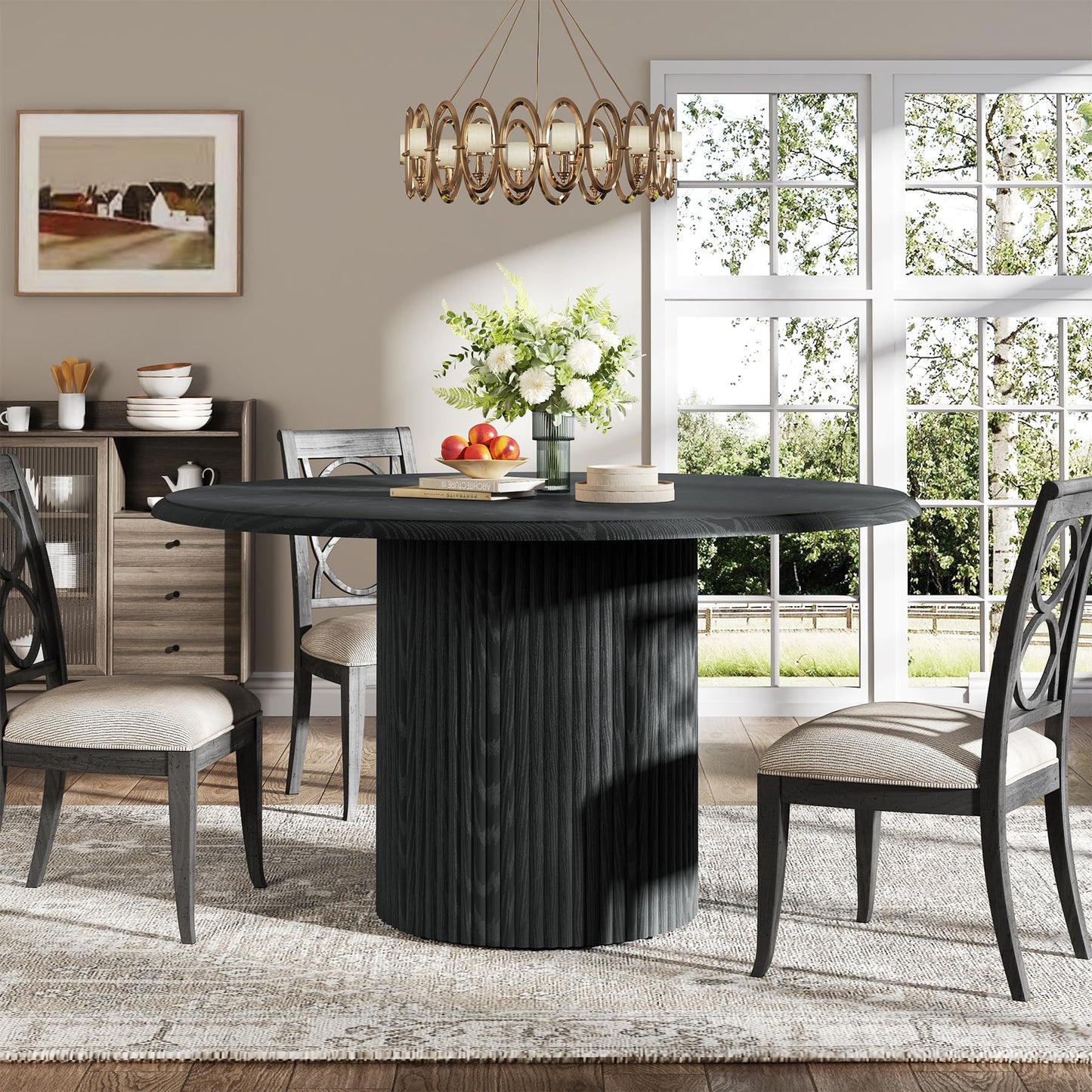 Tribesigns 47" Round Dining Table for 4, Farmhouse Kitchen Table with Metal Base, Modern Small Dinner Table for Dining Room,Kitchen, Black