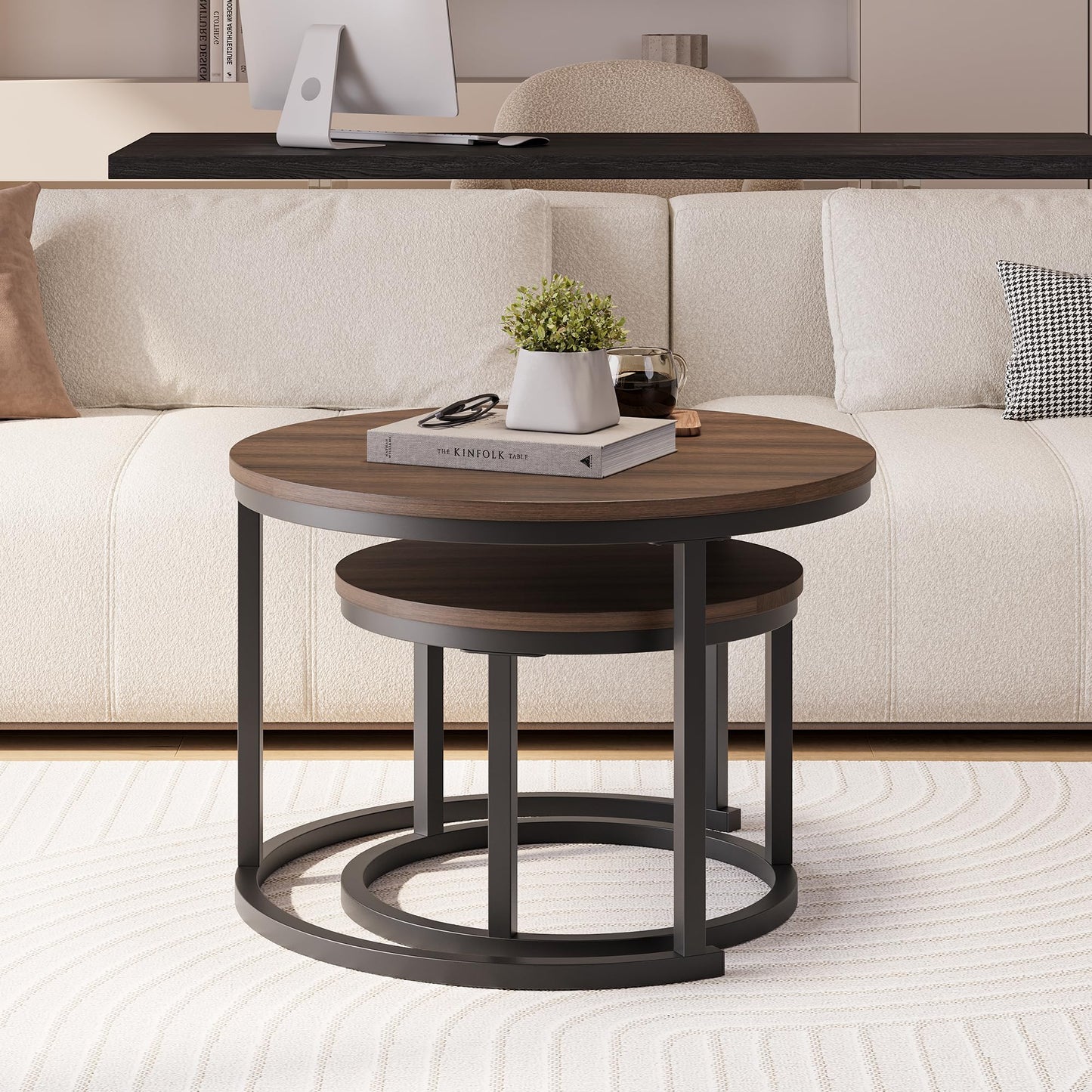 HOJINLINERO Round Nesting Coffee Table Set of 2,Stacking Sofa Side Table End Table, for Living Room, Bedroom, Office, Balcony, Apartment (Walnut)