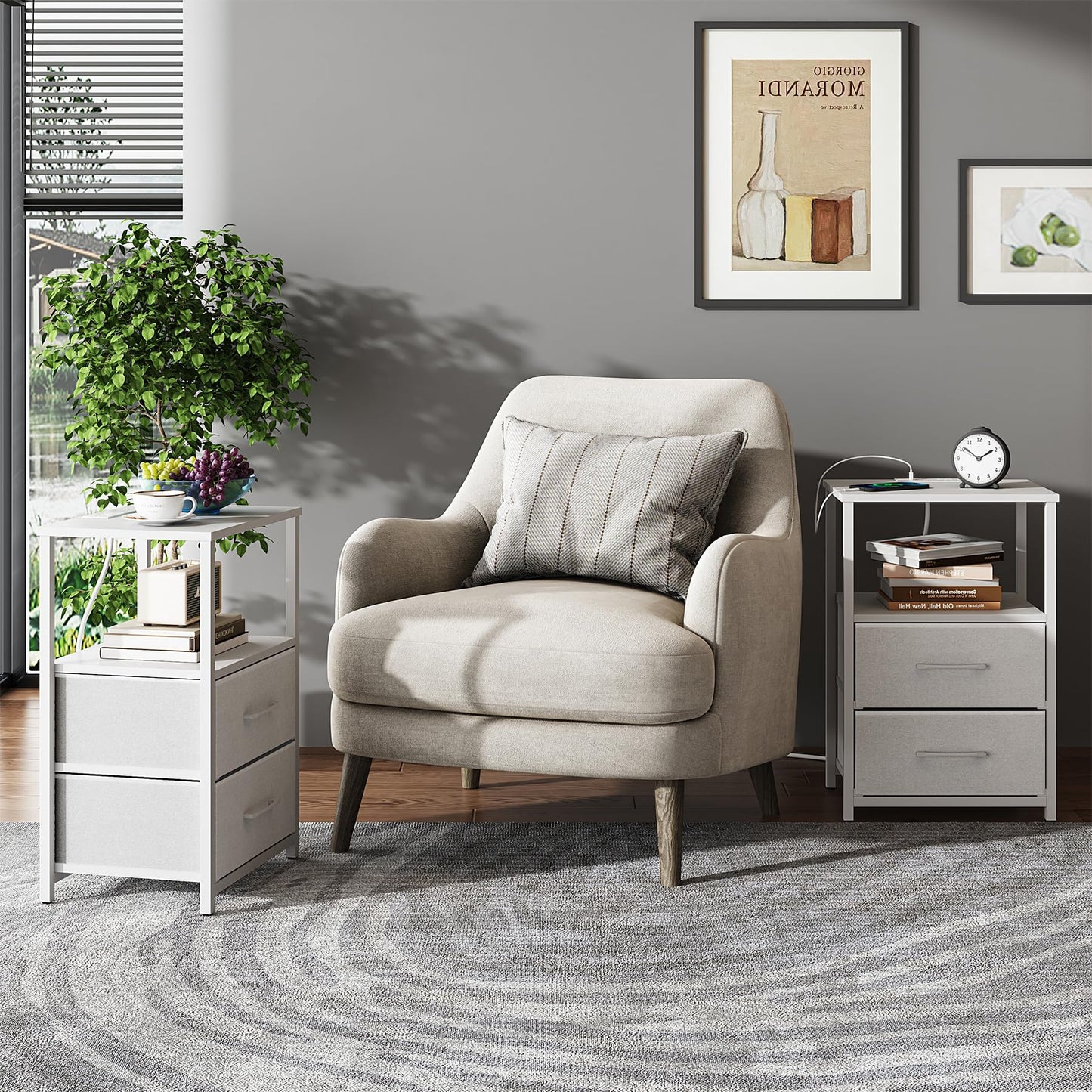 TUTOTAK Bedside Table with Charging Station, Side Table with 2 USB Ports and Outlets, Nightstand with Cloth Drawer, Set of 2, End Table