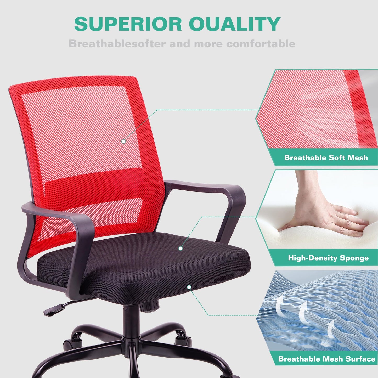 T-THREE.Adjustable office chair, ergonomic mesh swivel seat, with lumbar support, height adjustment, 360° rotation, and tilt function