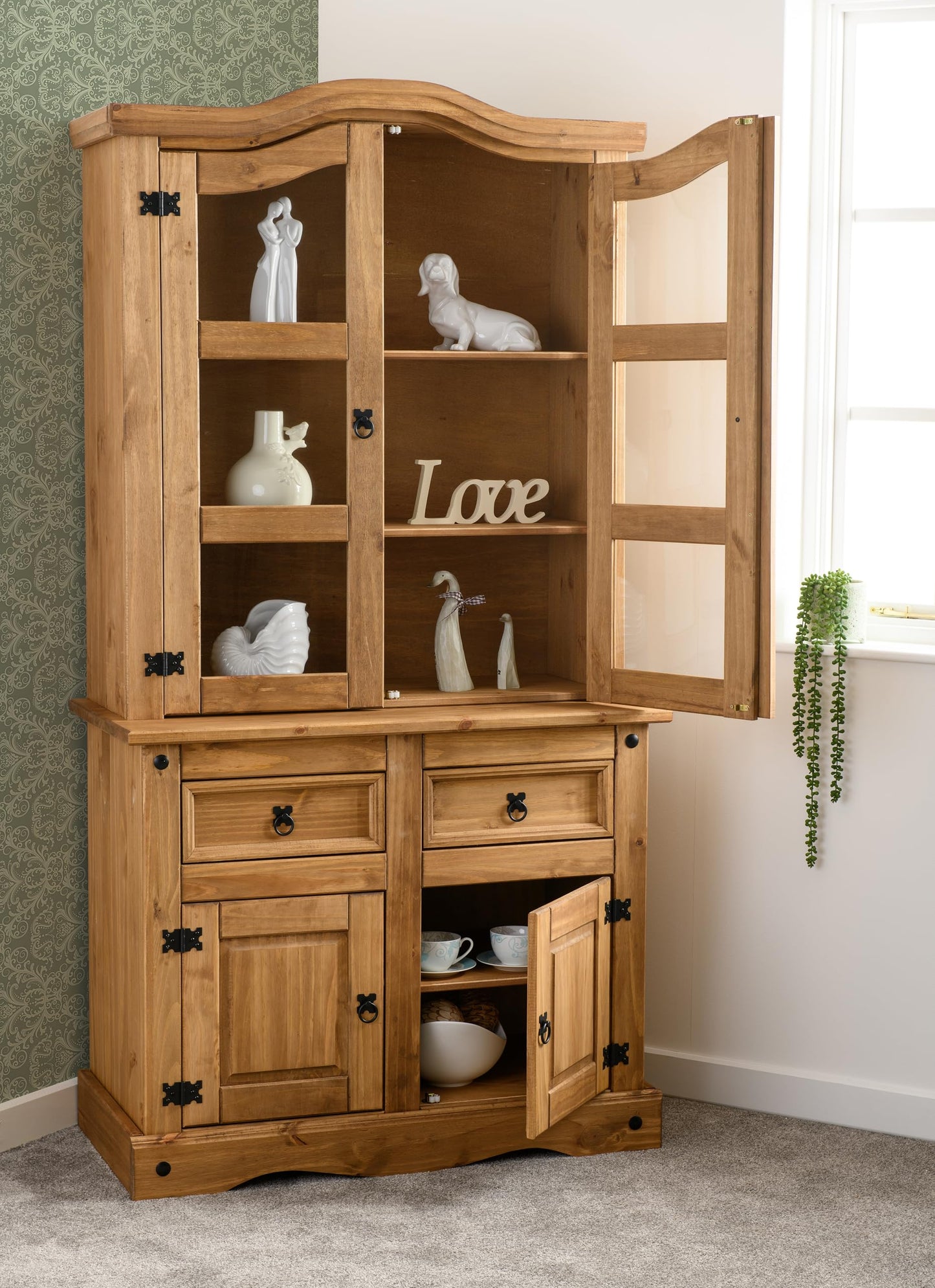 Seconique Corona 3' Buffet Hutch in Distressed Waxed Pine/Glass