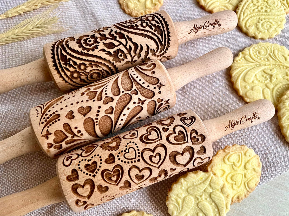LOVELY DAY 3 KID Rolling Pin SET with HEART, PAISLEY and SPRING patterns. Wooden Laser Cut Mini embossing Rolling Pins for cookies, play dough, salt