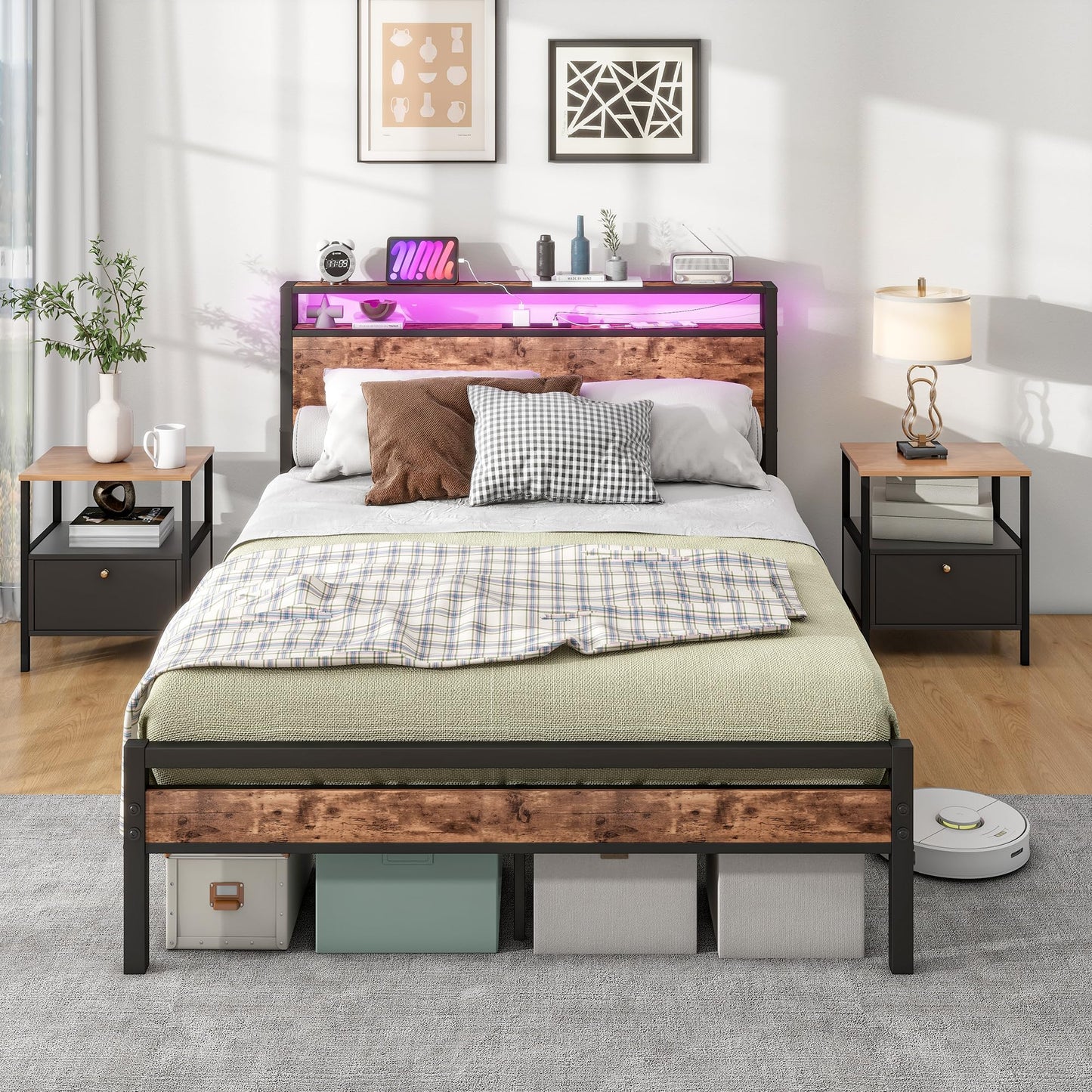 BORPHOM Double Bed Frame with Storage Wood Headboard Shelf,LED Lights,4ft6 Heavy Duty Metal Platform Wooden Bed Frame Double Bed with Charging