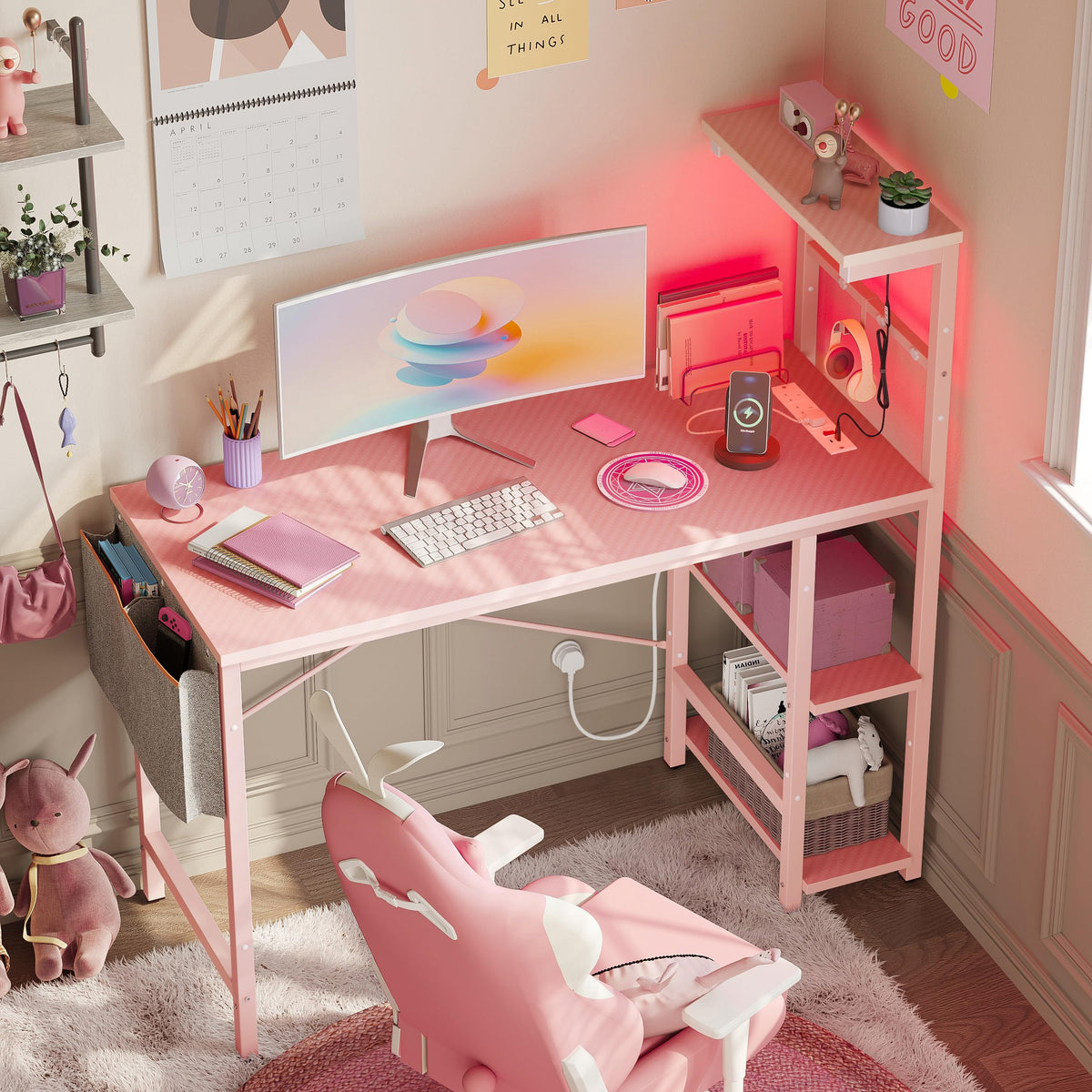 Bestier 113CM Corner Computer Desk with Power Outlets Computer Desk with LED Lights Reversible Writing Table with Side Pocket Storage Bag &