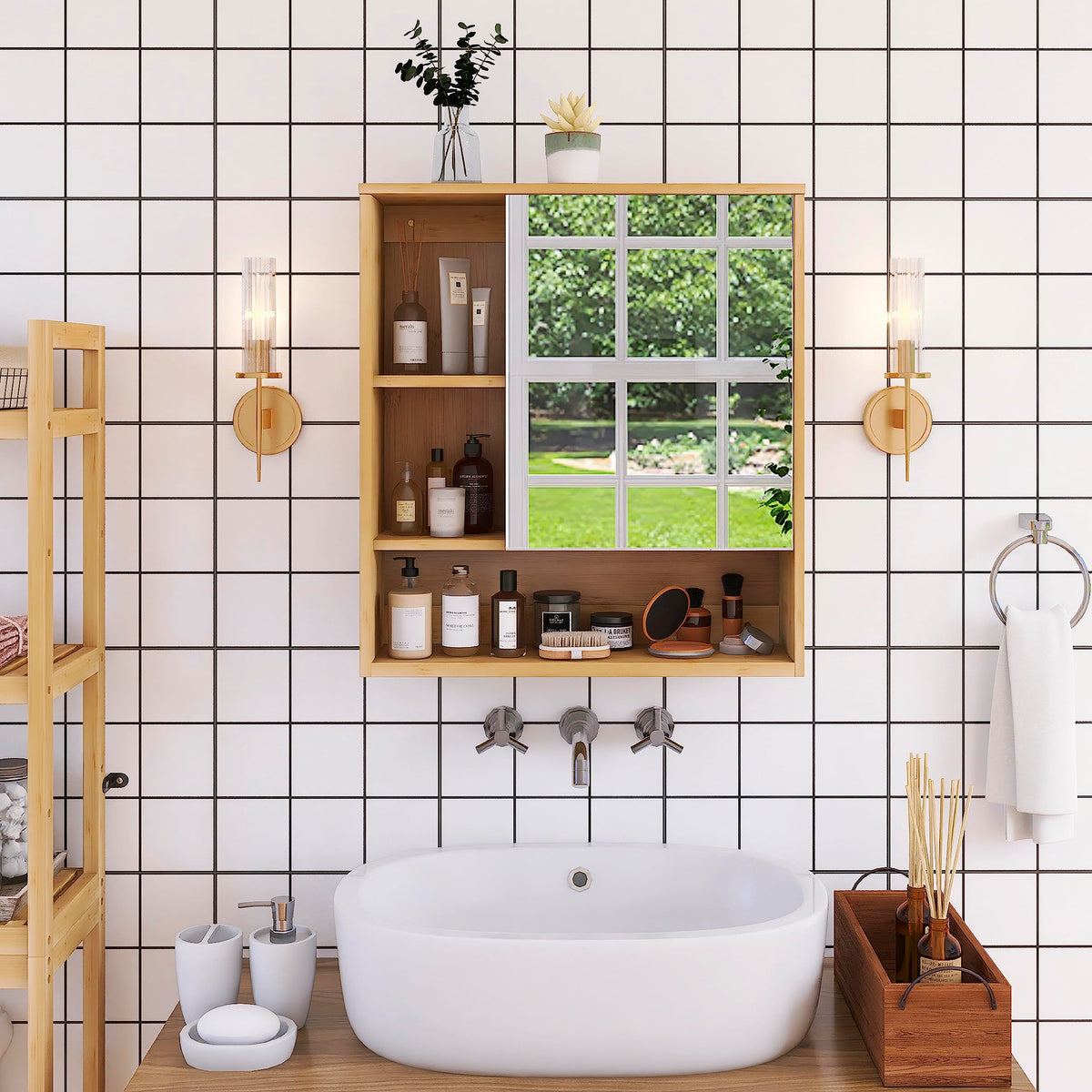 SMIBUY Bathroom Mirror Cabinet Wall Mounted, Bamboo Space Saver Medicine Cabinet, Wall Hanging Over Toilet Storage Cabinet with Mirror Door and