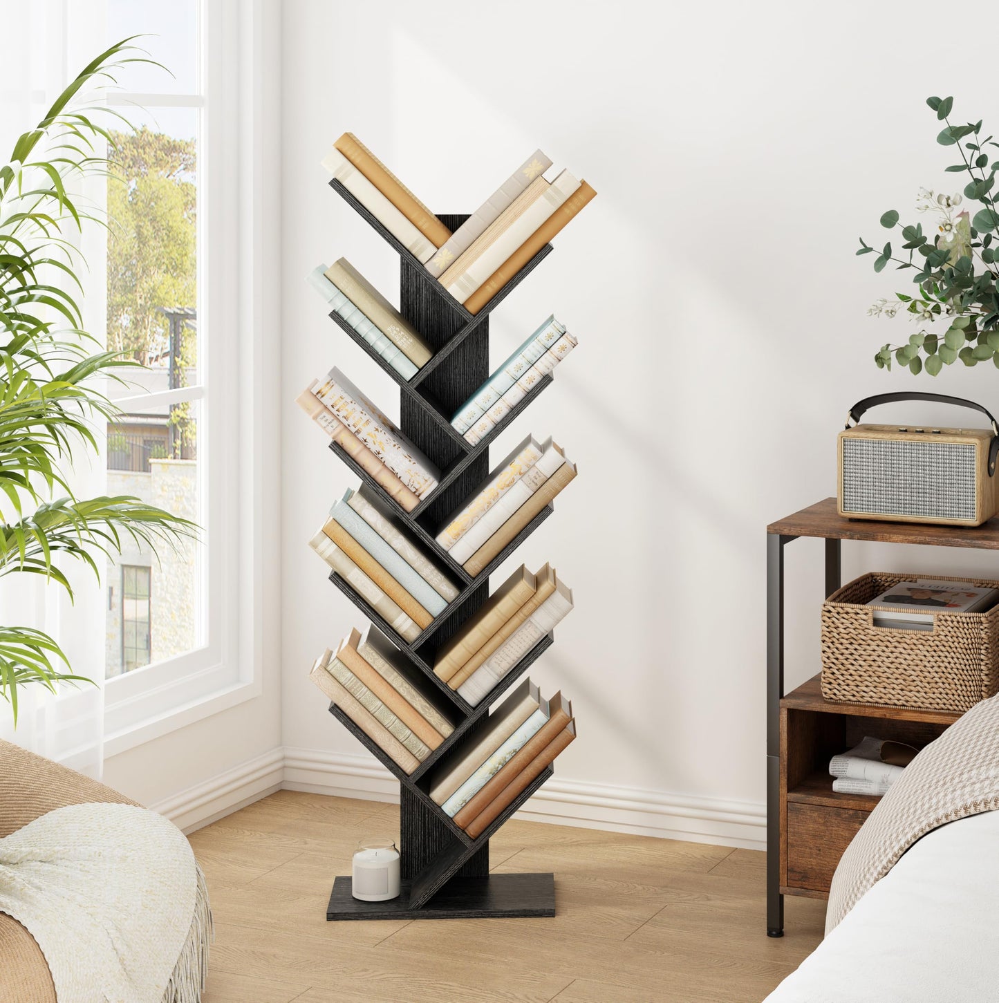 Hoctieon 10 Tier Tree Bookshelf, 10 Shelf Bookcase, Free Standing Tree Bookcase, Display Floor Standing Shelf for Books