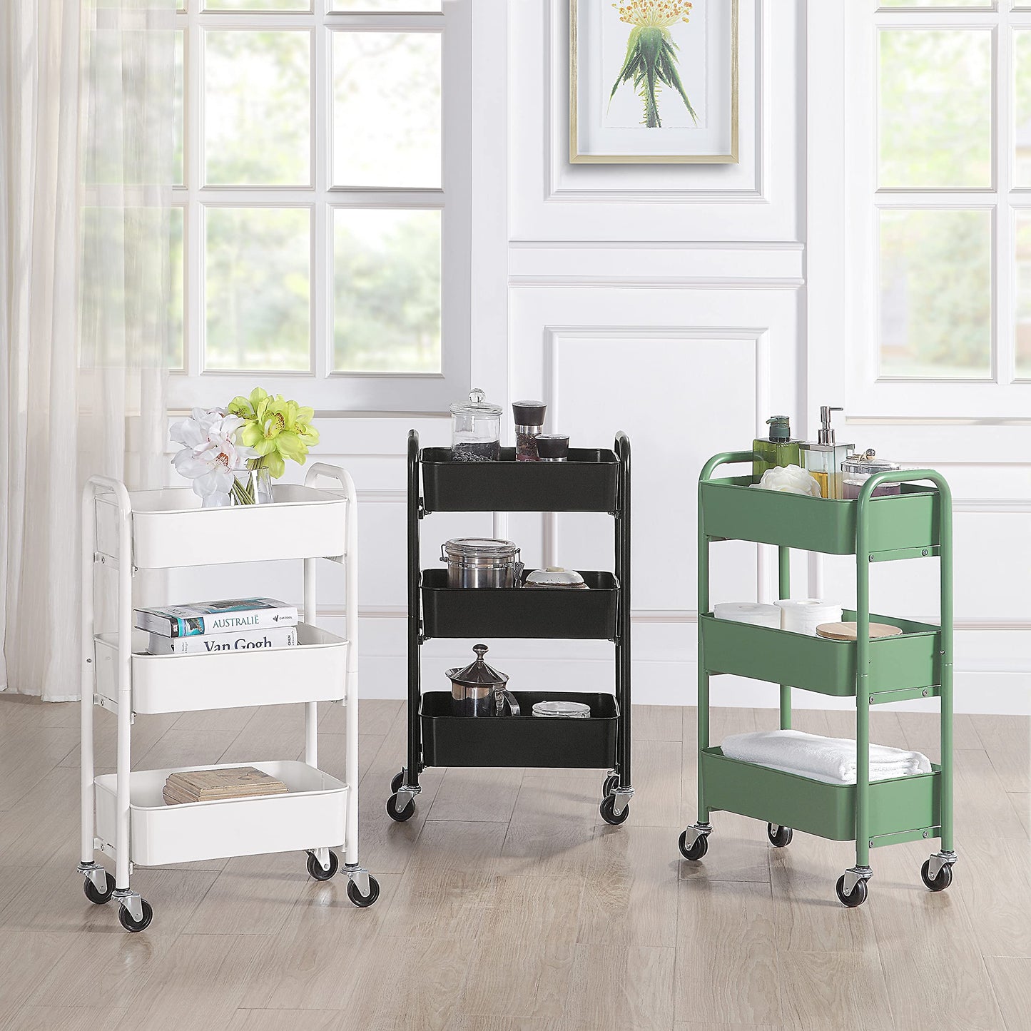 SunnyPoint 3-Tier Delicate Compact Rolling Metal Storage Organizer - Mobile Utility Cart Kitchen/Under Desk Cart with Caster Wheels