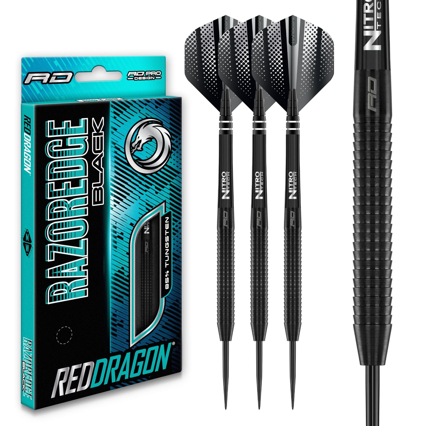 RED DRAGON Razor Edge Black 28g - Tungsten professional steel tip darts set with Dart Flights and Dart Shafts (stems)