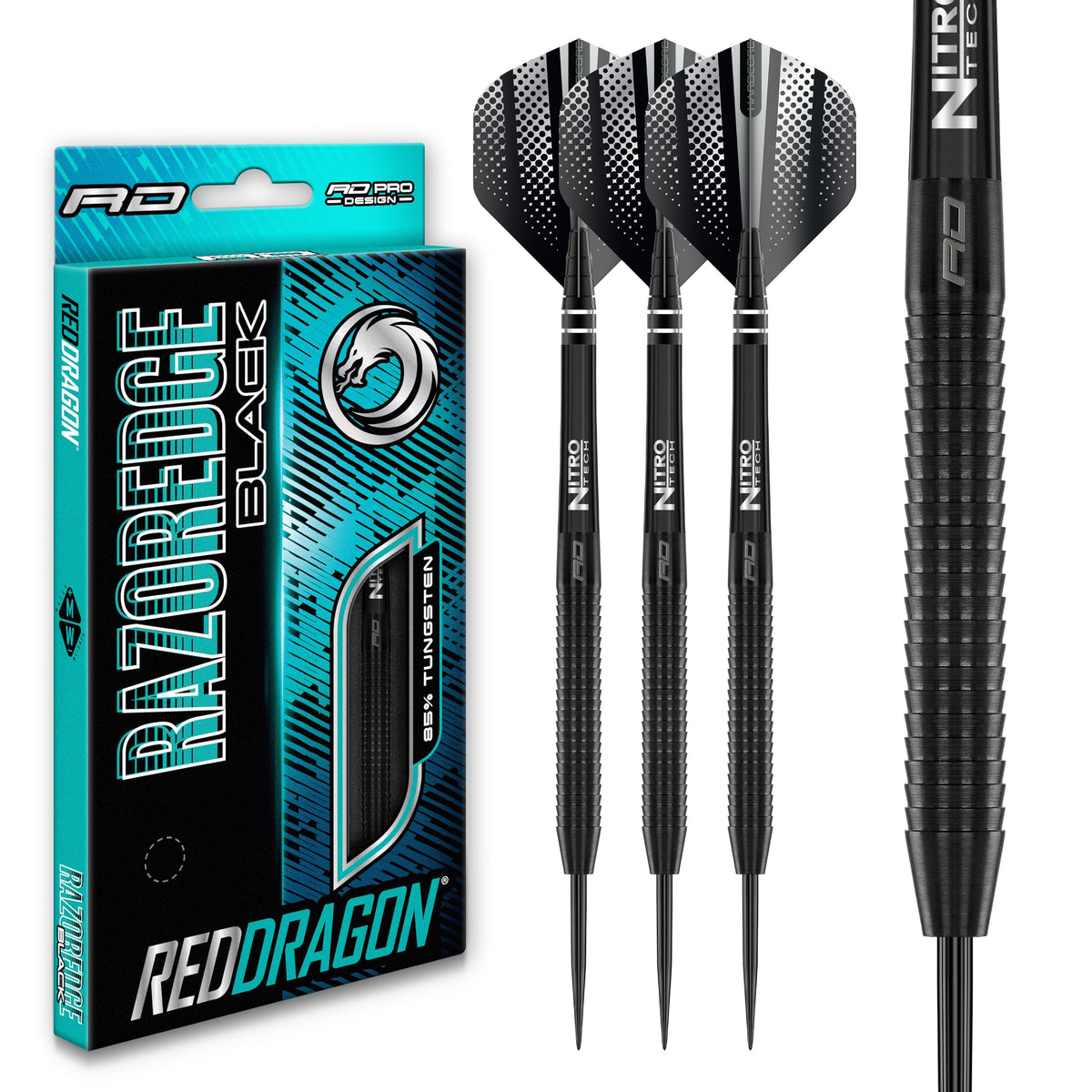 RED DRAGON Razor Edge Black 20g - Tungsten professional steel tip darts set with Dart Flights and Dart Shafts (stems)