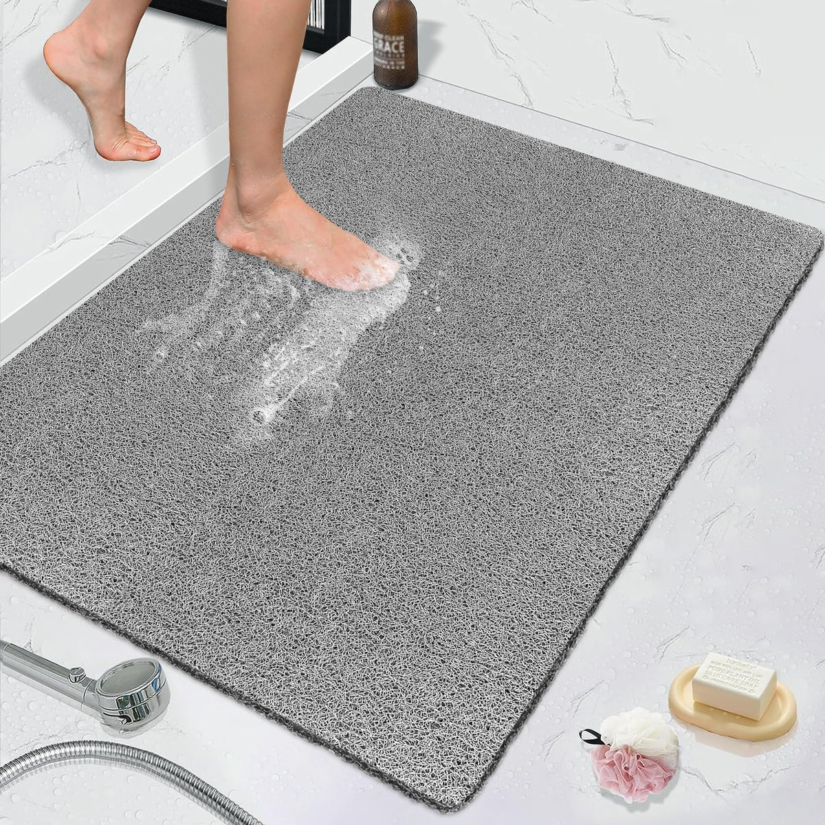 MACUNIN Shower Mat Non Slip: 80x100cm Extra Large Bath Tub Mat with Drain Holes, Soft Loofah Foot Scrubber Mat for Tub Shower Tray Bathroom,