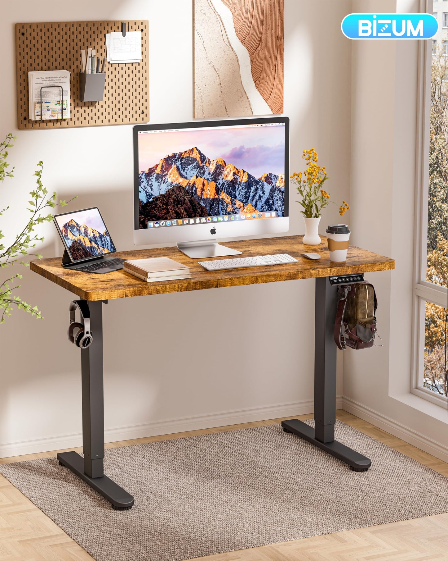 BIZUM Electric Standing Desk 120x60cm Gaming Desk 3 Memory with Splice Board, 70–115cm Lift, 2 Hooks, 80kg Load, Computer Workstation, Rustic Brown