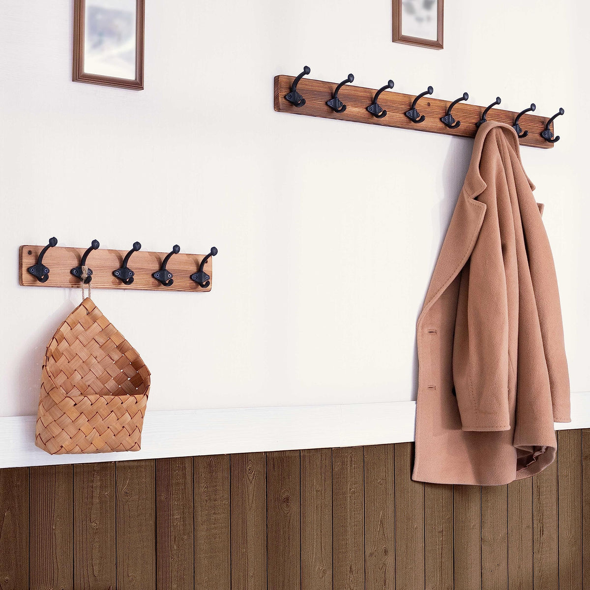 WEBI Rustic Coat Hooks Wall Mounted,5 Cast Iron Hooks,Coat Rack Wall Mounted,Vintage Hooks for Hanging Coats,Jacket,Clothes,Brown,2 Packs