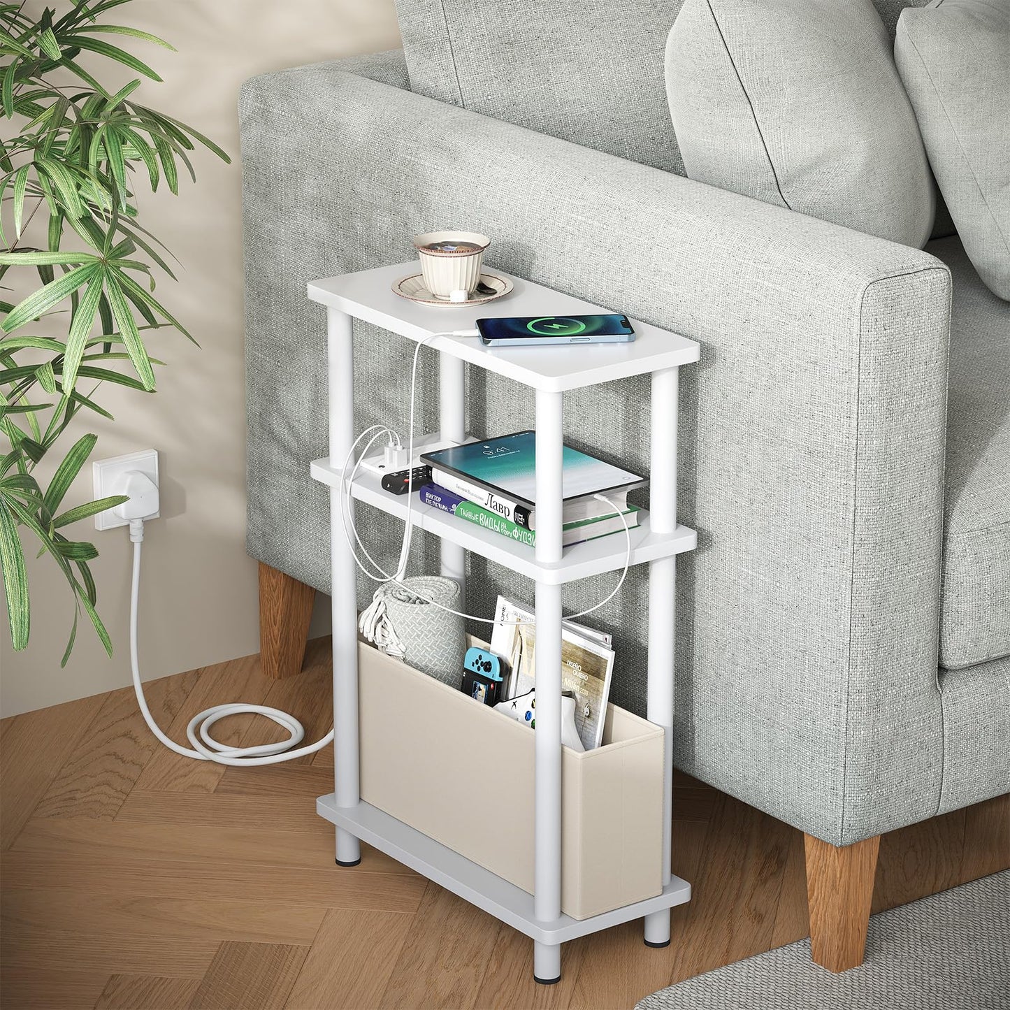 APICIZON Narrow Side Table, 3 Tier Bed Side Table, Slim End Table with Charging Station, for Living Room, Bedroom