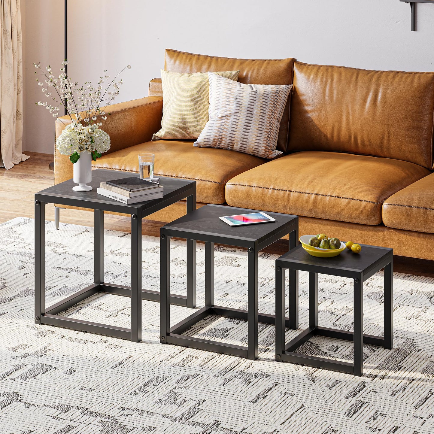 DUMEE Nesting Tables Set of 3 Wooden Coffee Table Side End Tables Sturdy Steel Metal Frame Living Room Bedroom,Space Saving Stacking Nightstand