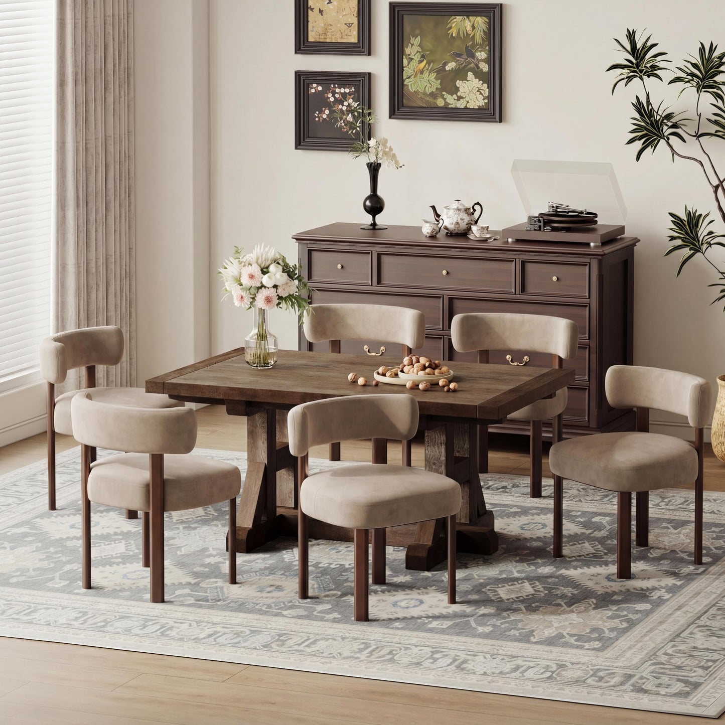 COLAMY Wooden Dining Chairs Set of 6, Velvet Fabric Chairs for Dining Room with Open Curved Backrest and Thick Seat Cushion