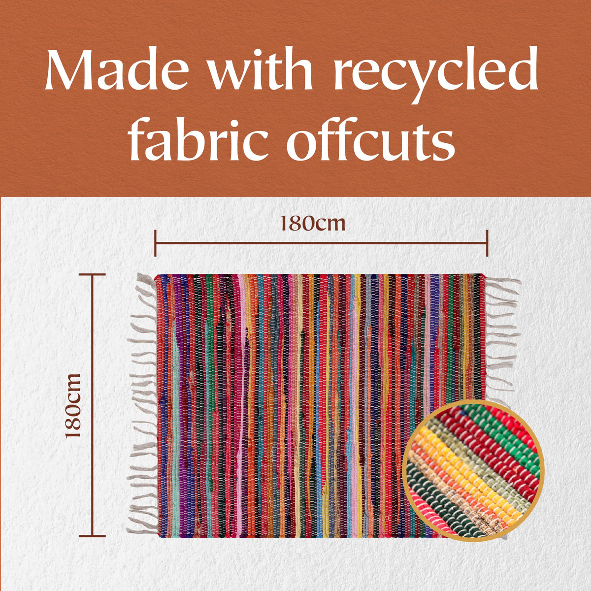 Second Nature Online - SHANTI Multi Coloured Rug | Hand Woven | Eco-Friendly: 100% Recycled Fabric | Ethically Sourced | Flat Weave (180 cm x 180 cm)