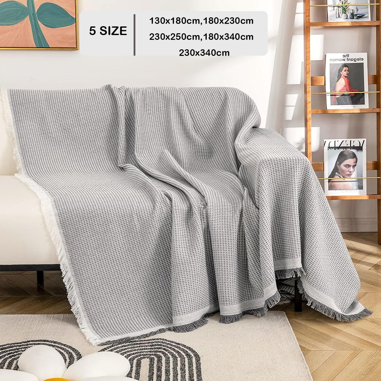 VANJOROY Waffle Large Grey Sofa Throw Blanket With Tassels For 2 3 4 Seater, 100% Handwoven Cotton Knitted Settees Throw for Couch, Armchair and