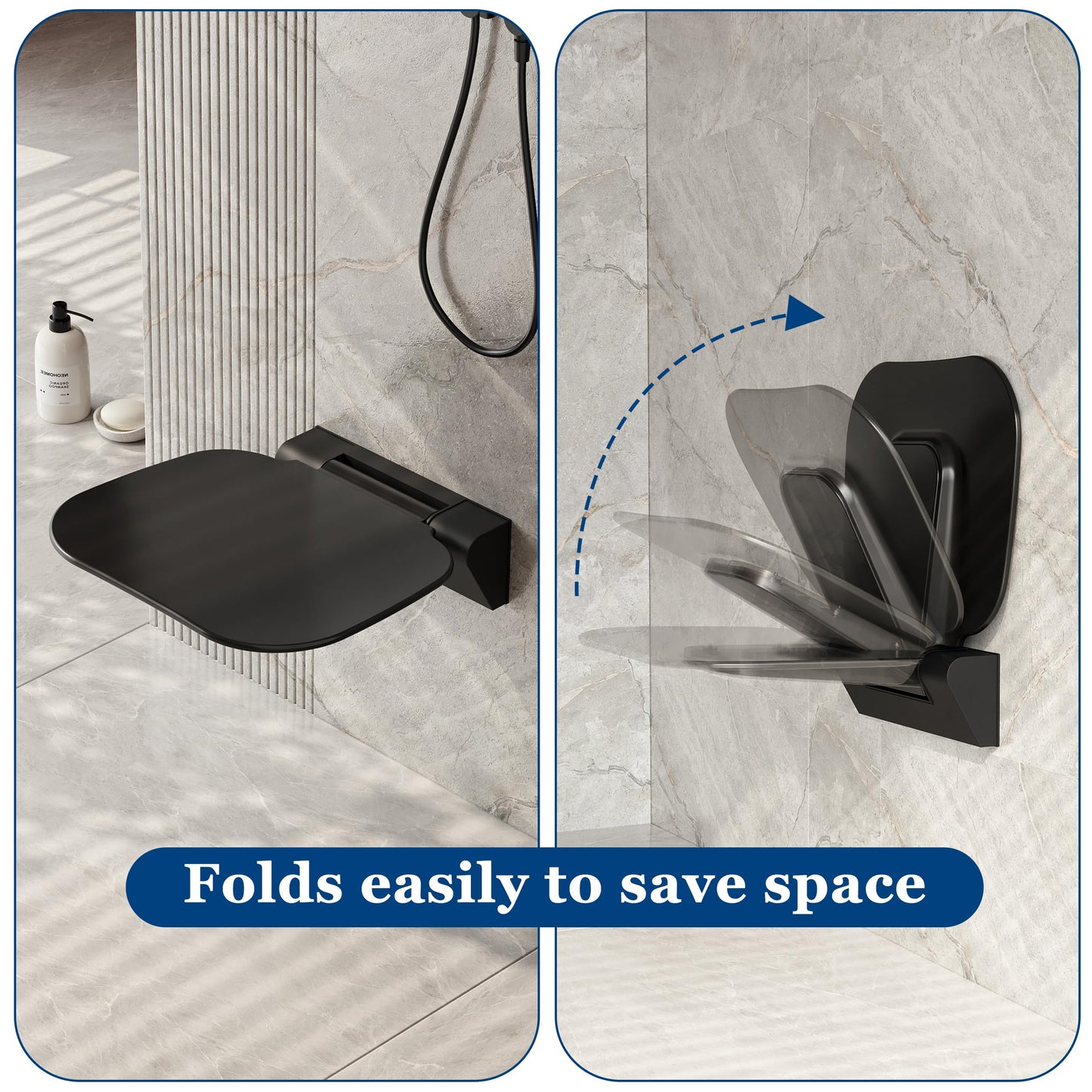 Neohomee Folding Shower Seat Wall Mounted Shower Chair 40x40 cm, Extra-Wide Black Shower Stool for Elderly, 200kg Capacity, Anti-Slip
