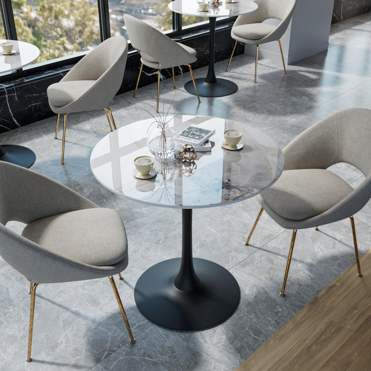 FATIVO Kitchen Dining Table Marble Tabletop: Round 76cm Modern Sintered Stone Cold Jadeite Natures White Marble Top Dinner Tables with Black Round