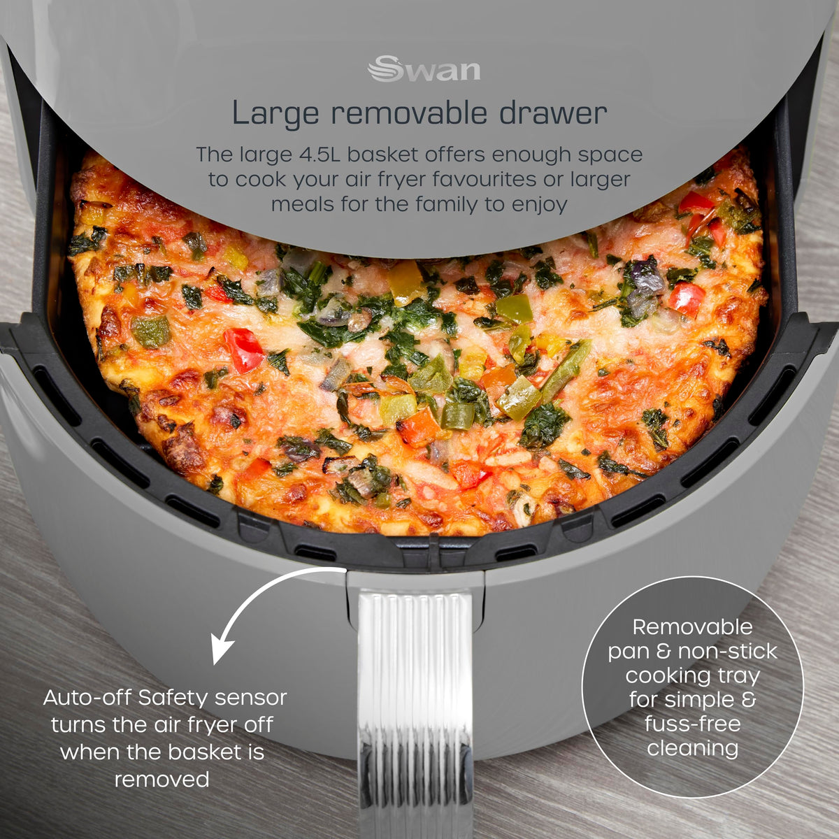 Swan SD10513GRY Retro Digital Air Fryer with Swan Cyclone Technology, 8 Pre-Set Cooking Options, Adjustable Temperature, 4.5L 1500W, Grey