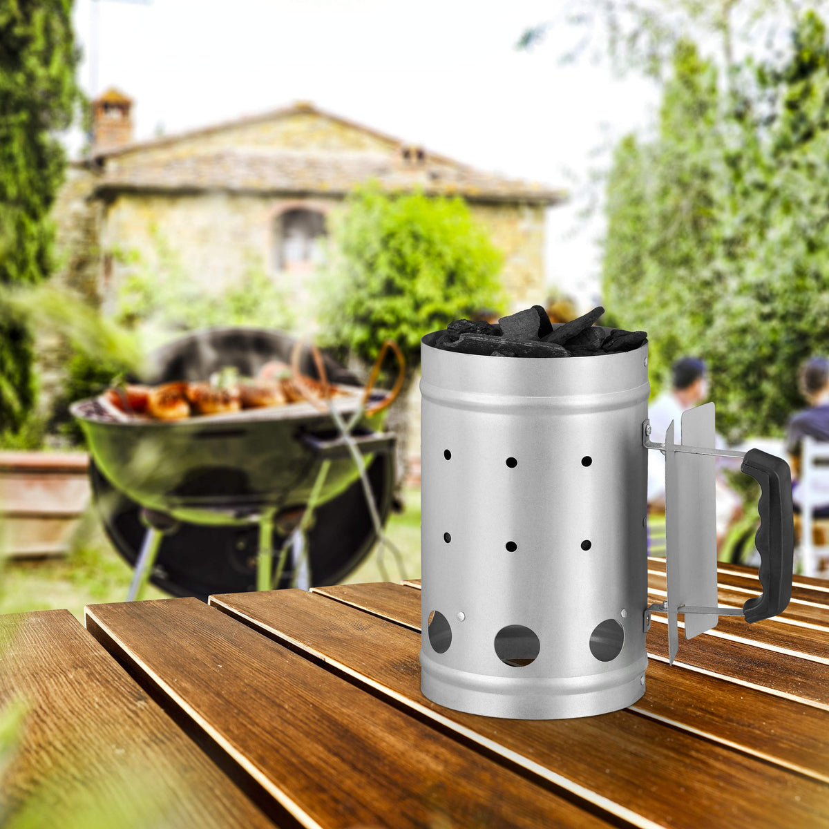 Relaxdays Charcoal Chimney Starter, Steel, BBQ Lighter, Stove, Grill, H x Dia: 27 x 16 cm, Grill Ignition, Silver
