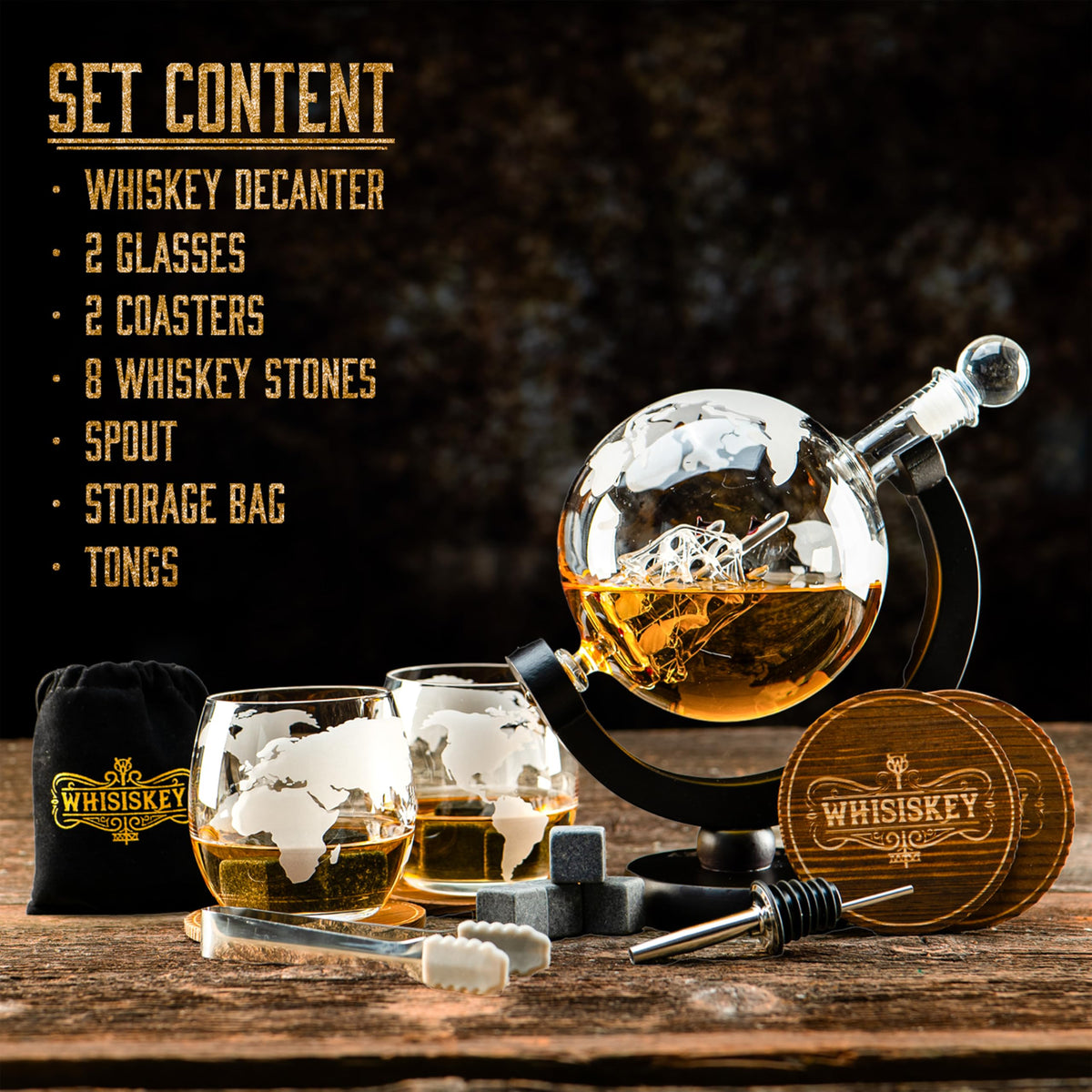 Whisiskey - Whiskey Decanter Set - 900ML Globe Carafe - Whiskey Gift Sets for Men - Whisky Set - Glass Gifts for Men - Inc. 2 Whiskey Glasses, 8