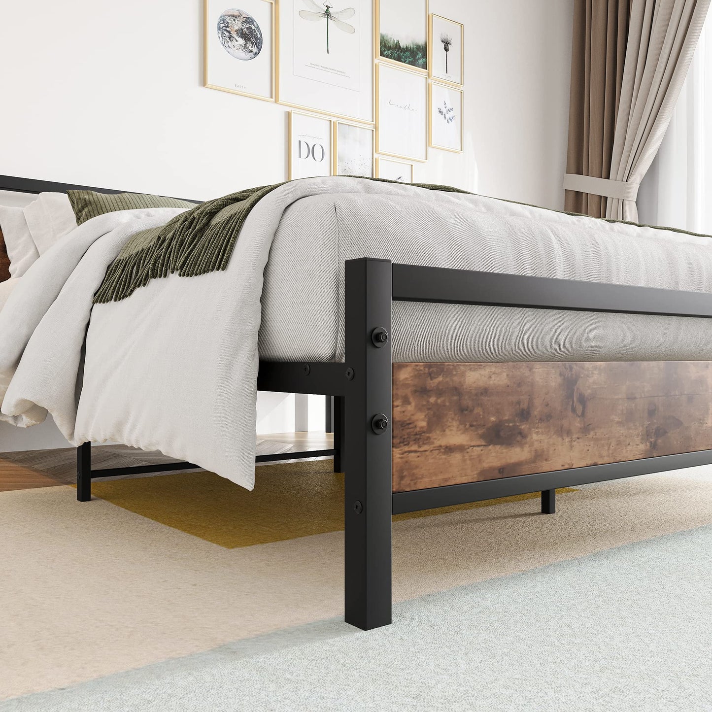 BOFENG Double Bed Frames with Wood Headboard,Heavy Duty Metal Platform Bed Frame Double Bed No Box Spring Needed,Mattress Base/Under Bed