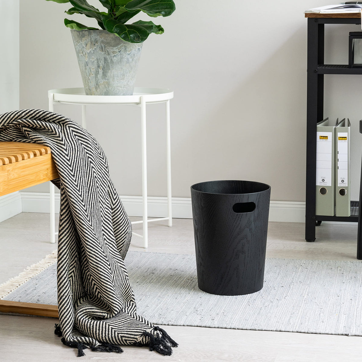 Kazai. Real Wood Waste Paper Bin Brje | Modern Wooden Paper Basket for Office, Kids' Room, Bedroom and more | 9 liters | Oak black