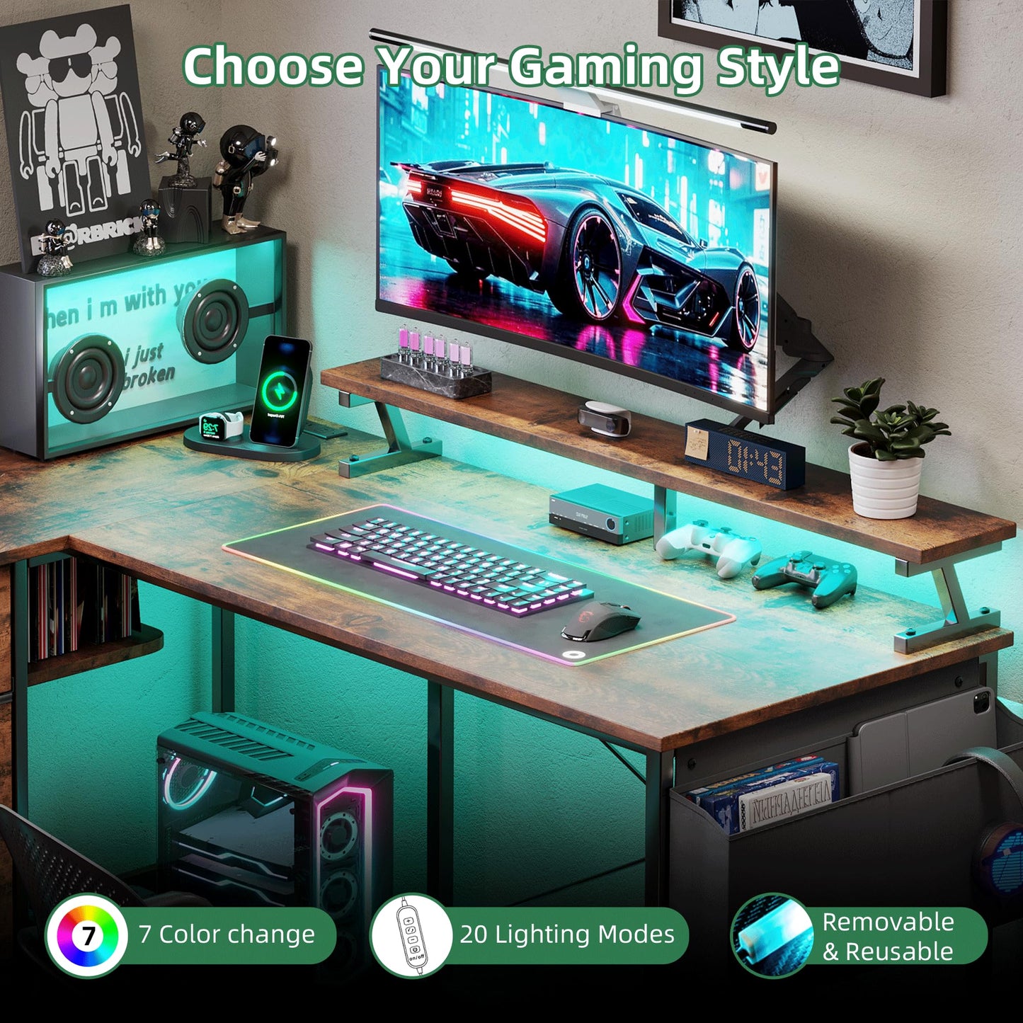 VERMESS Corner Desk with 4 Drawers, L Shaped Computer Desk with LED Lights & Power Outlets