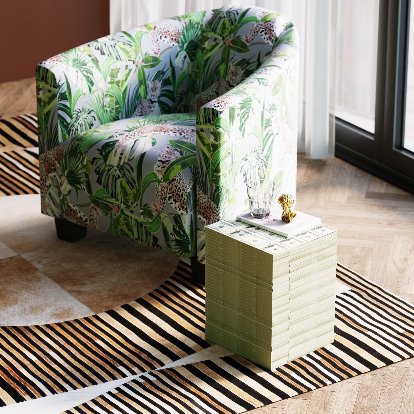 Kare Design Stool Dollar, multicoloured, polyresin, small stool with money design, 38x30,5x26,5cm (H/W/D), Beige