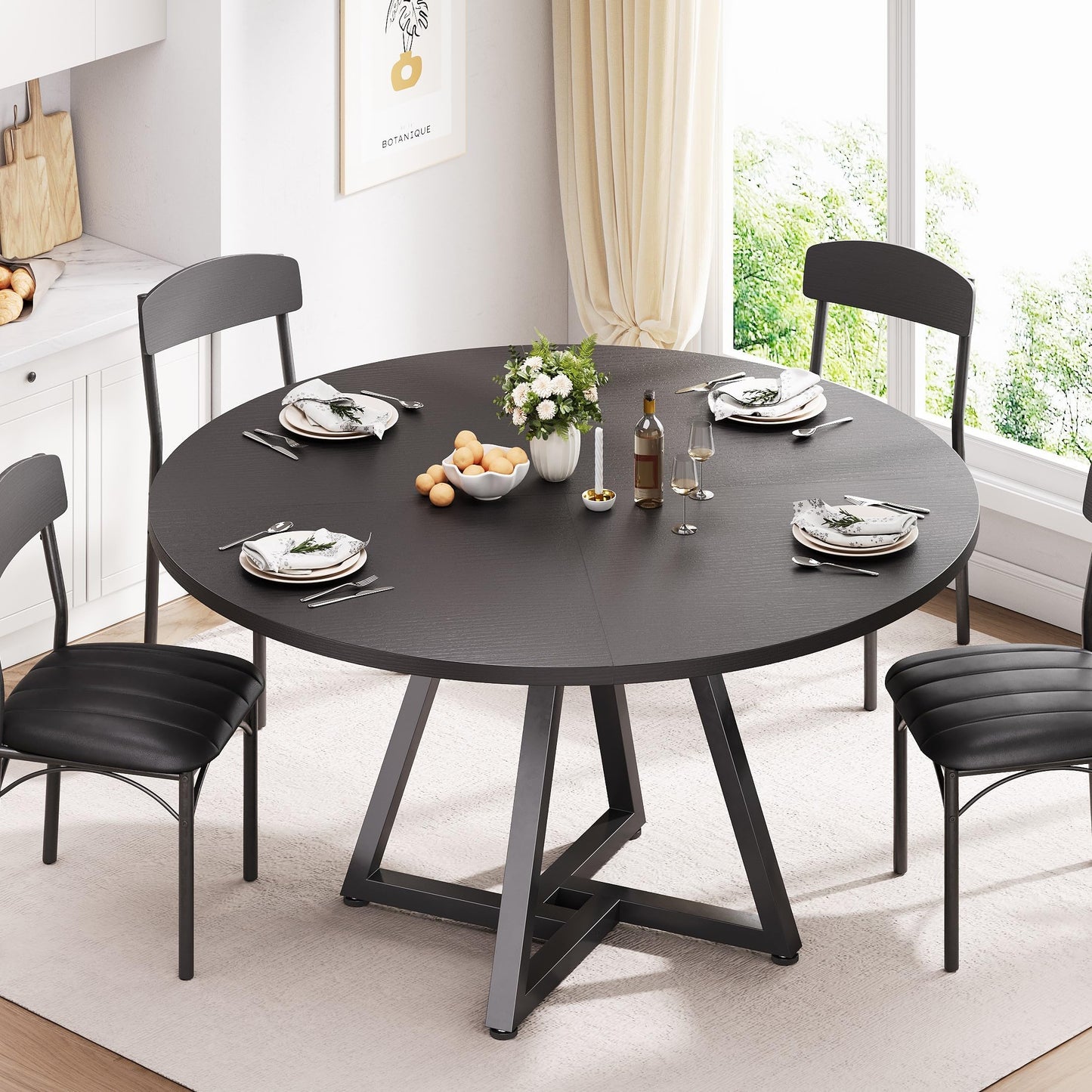 Jocoevol Round Kitchen Dining Table for 4 People, Circle Dinner Table with Metal Frame, Space Saving Wood Industrial Furniture (Black, 47 inch