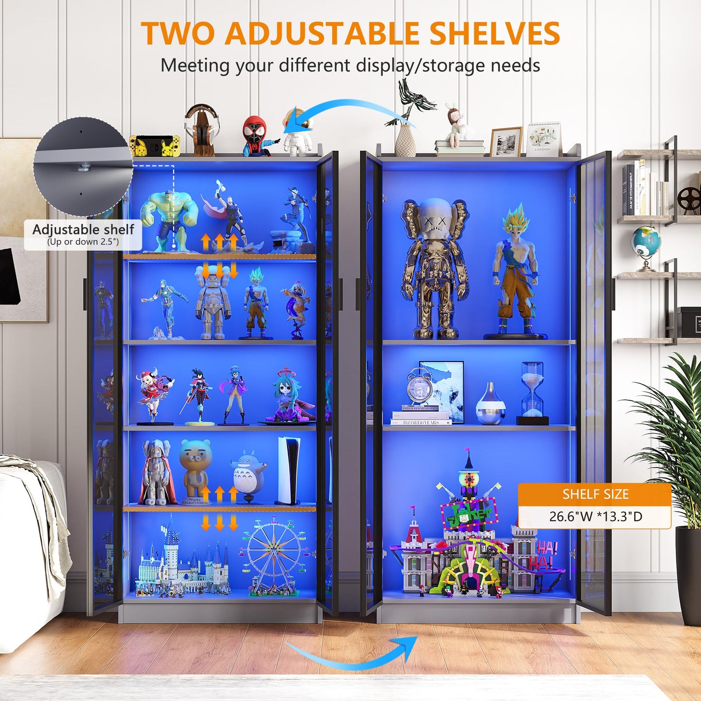 FREDEES LED Display Cabinet with 2 Doors and Adjustable Shelf, 165CM, Grey
