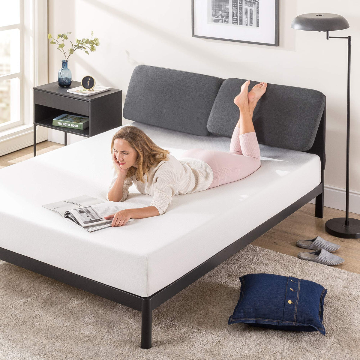 Zinus Avery 25 cm Platform Bed Frame with Reclining Headboard | Cushioned Adjustable Headboard with Customizable Height | Wood Slat Support | Easy