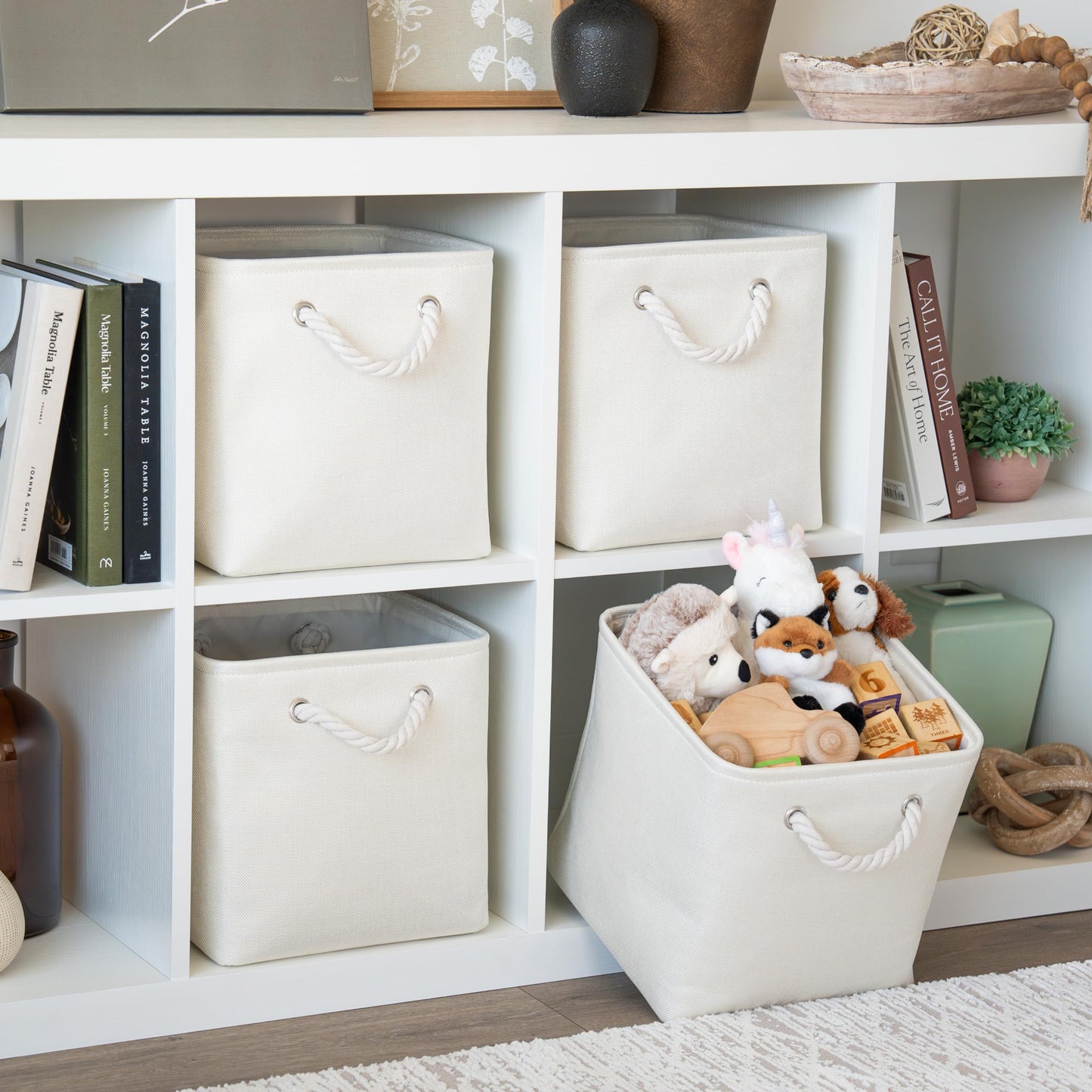 OrganiHaus Fabric Storage Boxes, Set of 4 Foldable 28x28 Cube Organiser Bins with Rope Handles for Shelves, Nursery & Closet