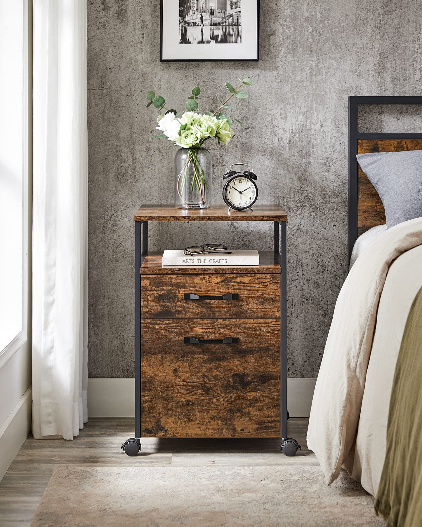 VASAGLE Mobile File Cabinet with 2 Drawers, Letter-Size Hanging File Folders, Open Shelf, Steel Frame, Rustic Brown and Ink Black OFC71X
