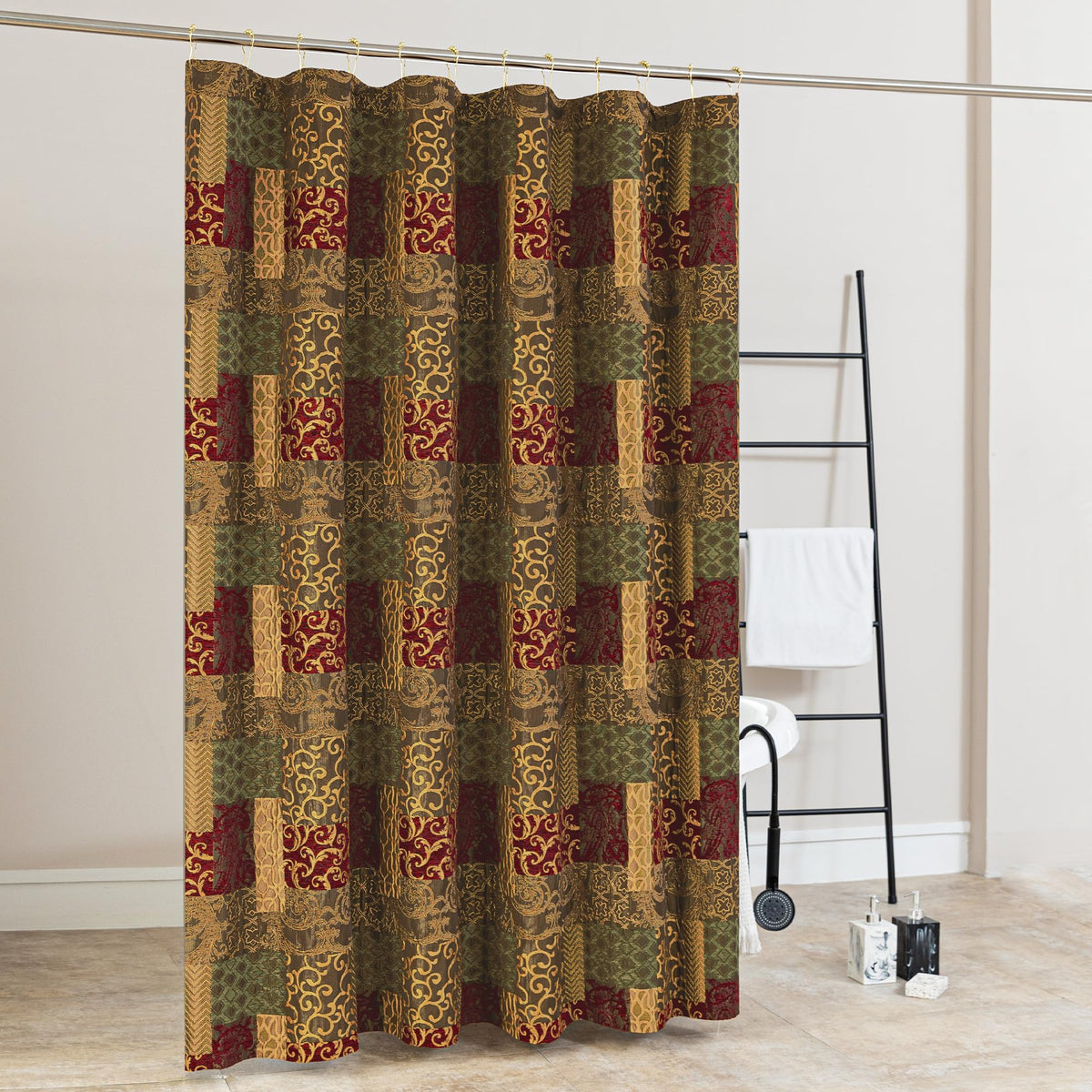TOPLUXE Patchwork Shower Curtain with 12 Metal Hooks 180x180cm