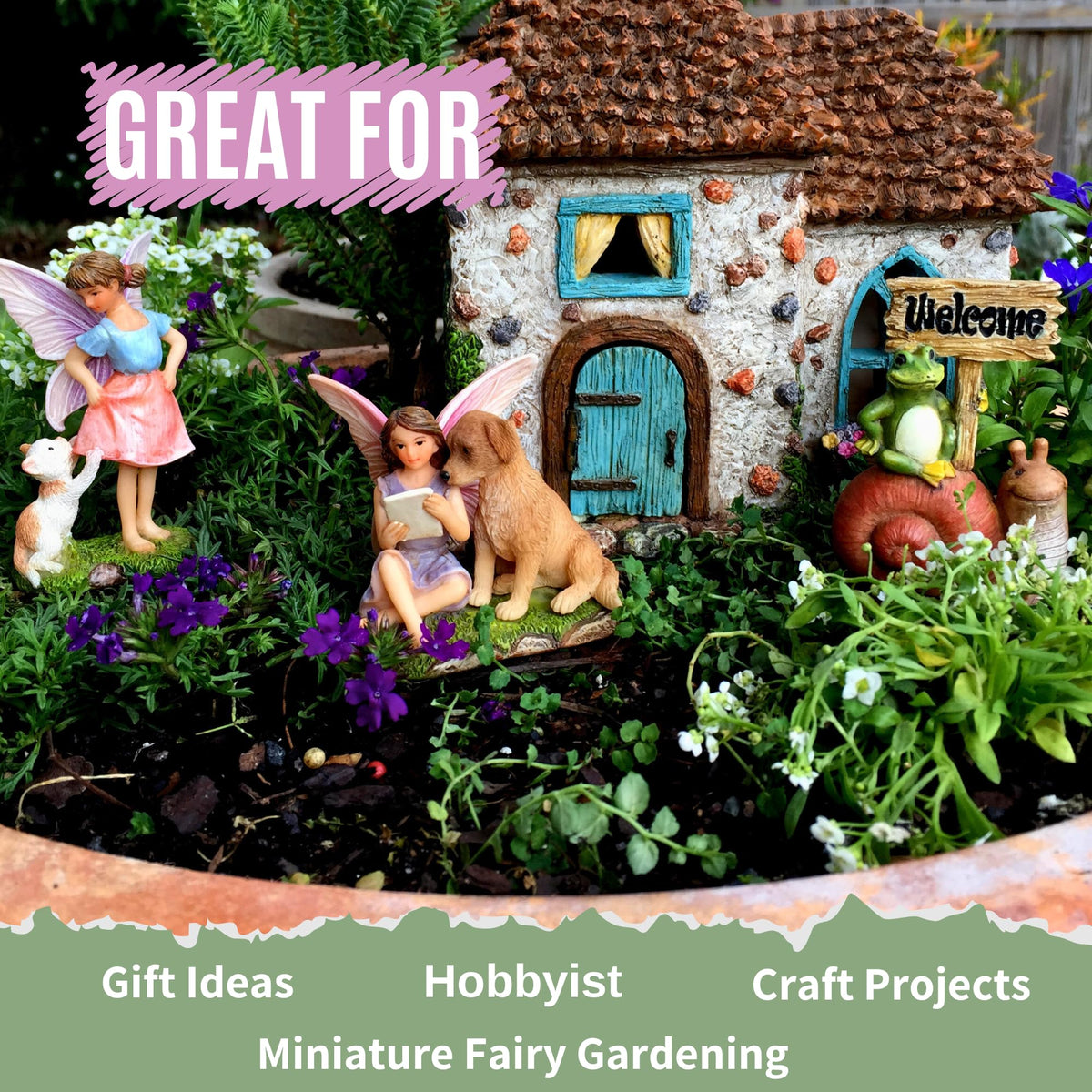 PRETMANNS Fairy Garden House Kit ? Complete with Accessories for an Outdoor Miniature Garden, Figurines with a Frog and Snail Sign - House 6.5? High