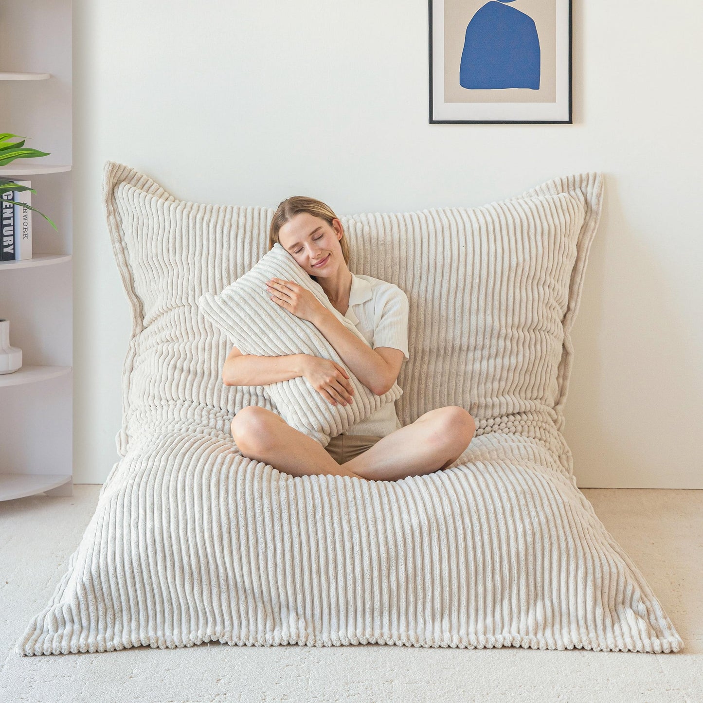 MAXYOYO Giant Bean Bag with Pillow, Soft Corduroy Removable Cover, Large Floor Cushion with Fluffy Foam Filling, BeanBag Chair for Adults & Kids