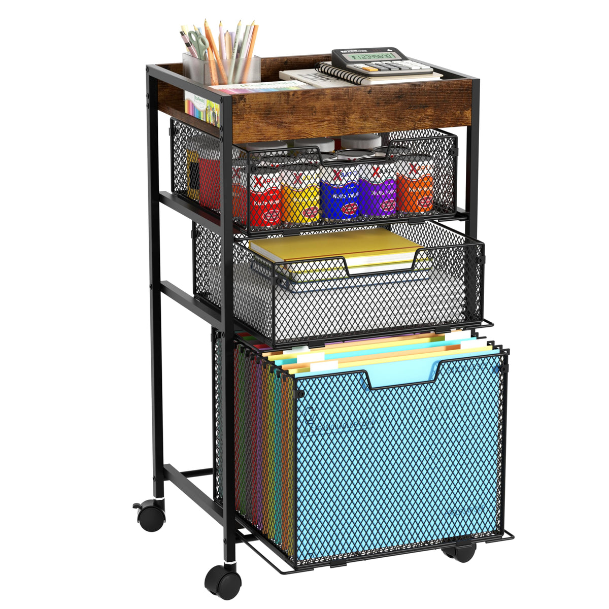 SWTYMIKI Filing Trolley with Mesh Drawers - 4 Tier Under Desk Storage Cart