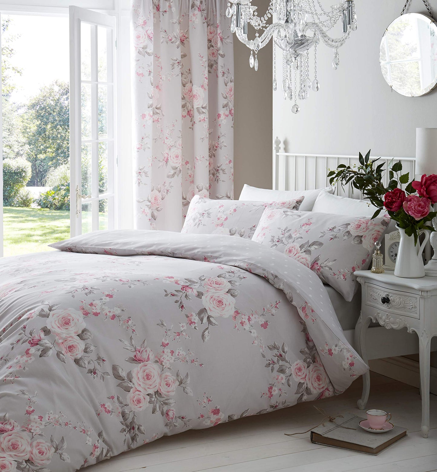 Catherine Lansfield Canterbury Floral 66x72 Inch Lined Eyelet Curtains Two Panels Grey